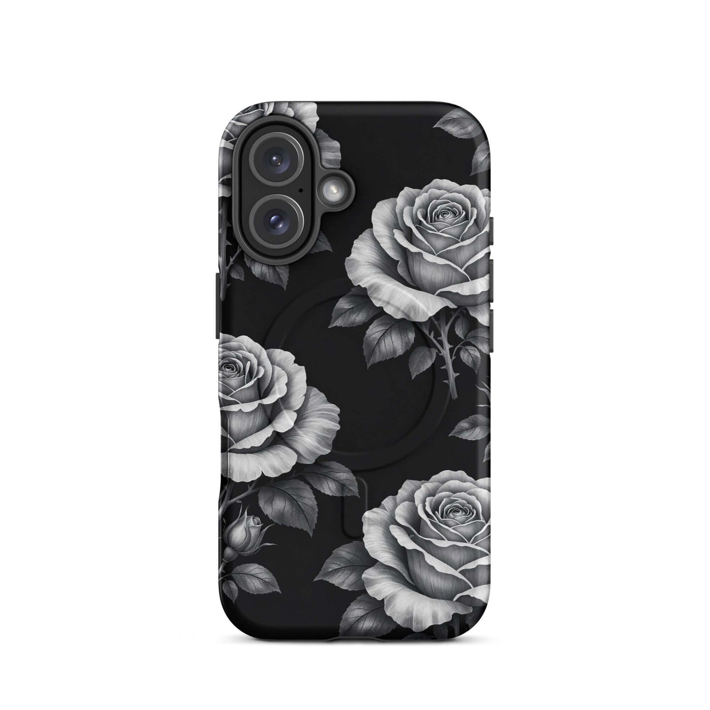 Magnetic Phone Case with rose garden design on black background for iPhone, featuring hand-sketched roses and leaves.