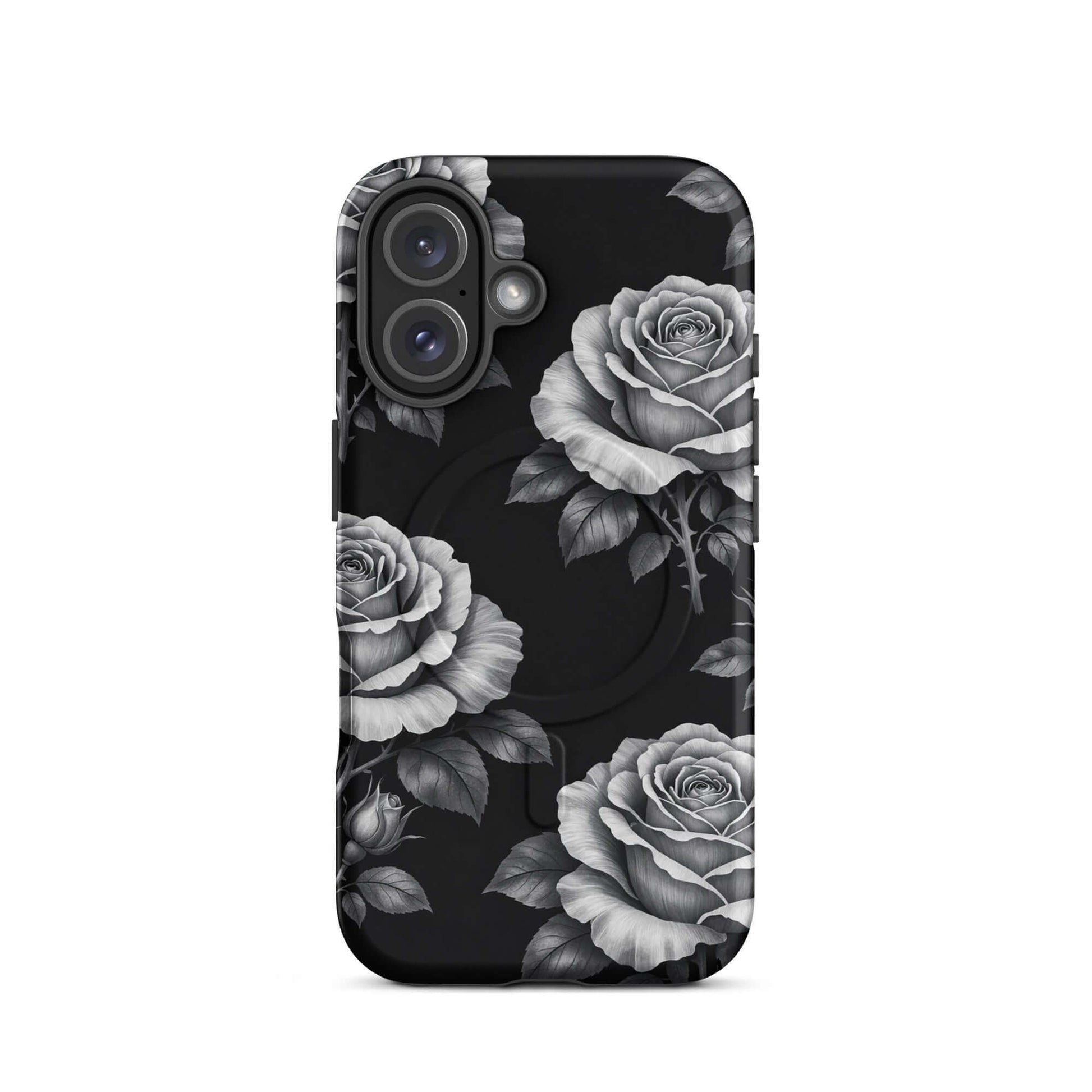 Magnetic Phone Case with rose garden design on black background for iPhone, featuring hand-sketched roses and leaves.