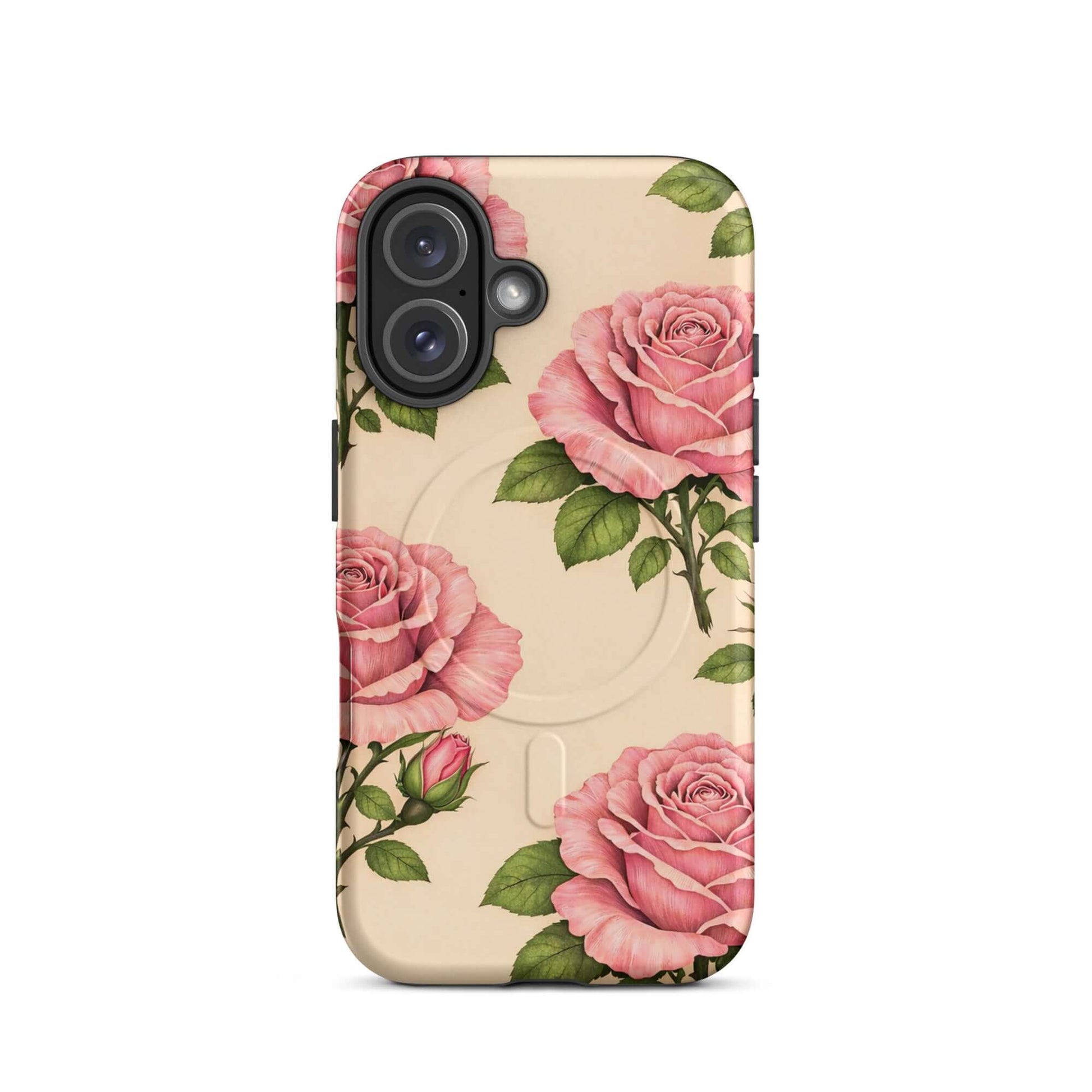 Magnetic Phone Case for iPhone with pink roses on cream background, elegant floral design emphasizing protection and style.
