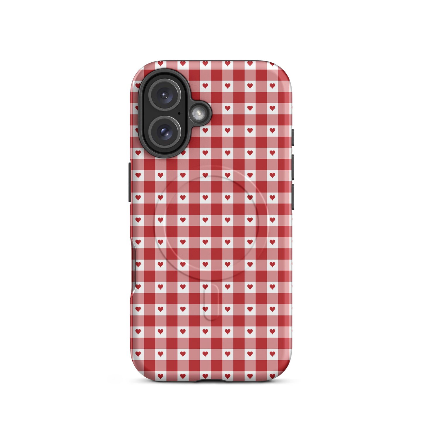 Magnetic Phone Case with red gingham heart pattern for iPhone, stylish and durable accessory.