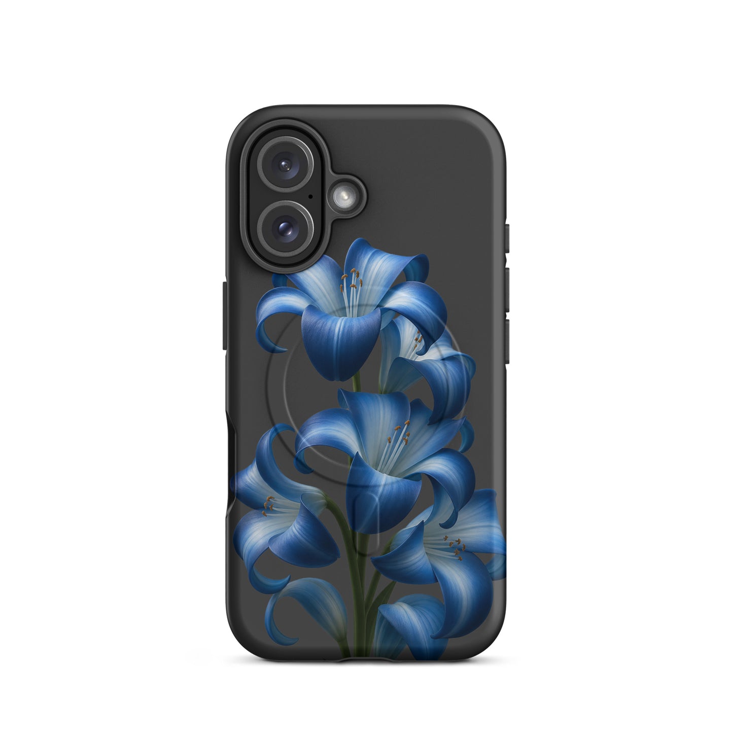 Magnetic Phone Case with blue lily bloom art for iPhone, sleek and stylish protective shell with floral design.
