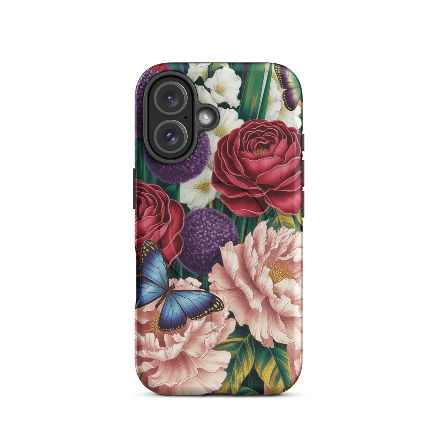 Magnetic Phone Case with crimson roses, pink peonies, purple alliums, and blue butterflies on lush foliage background for iPhone.