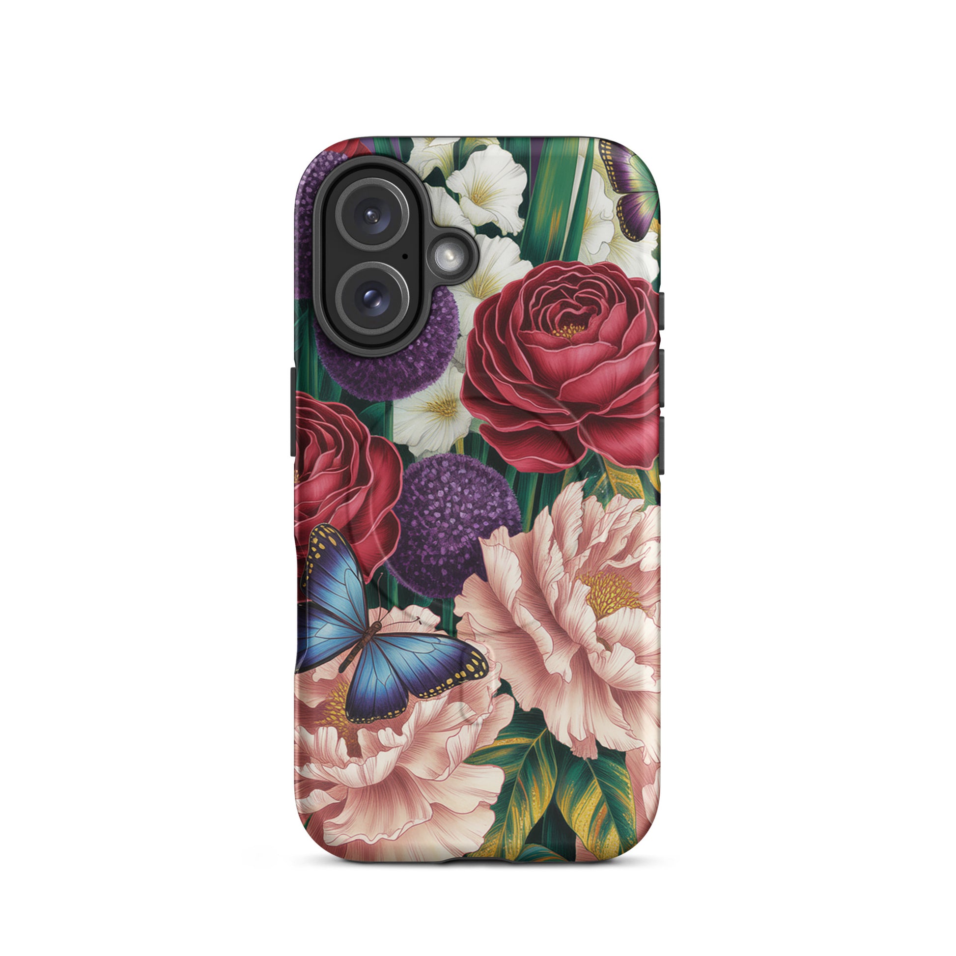Magnetic Phone Case with crimson roses, pink peonies, purple alliums, and blue butterflies on lush foliage background for iPhone.