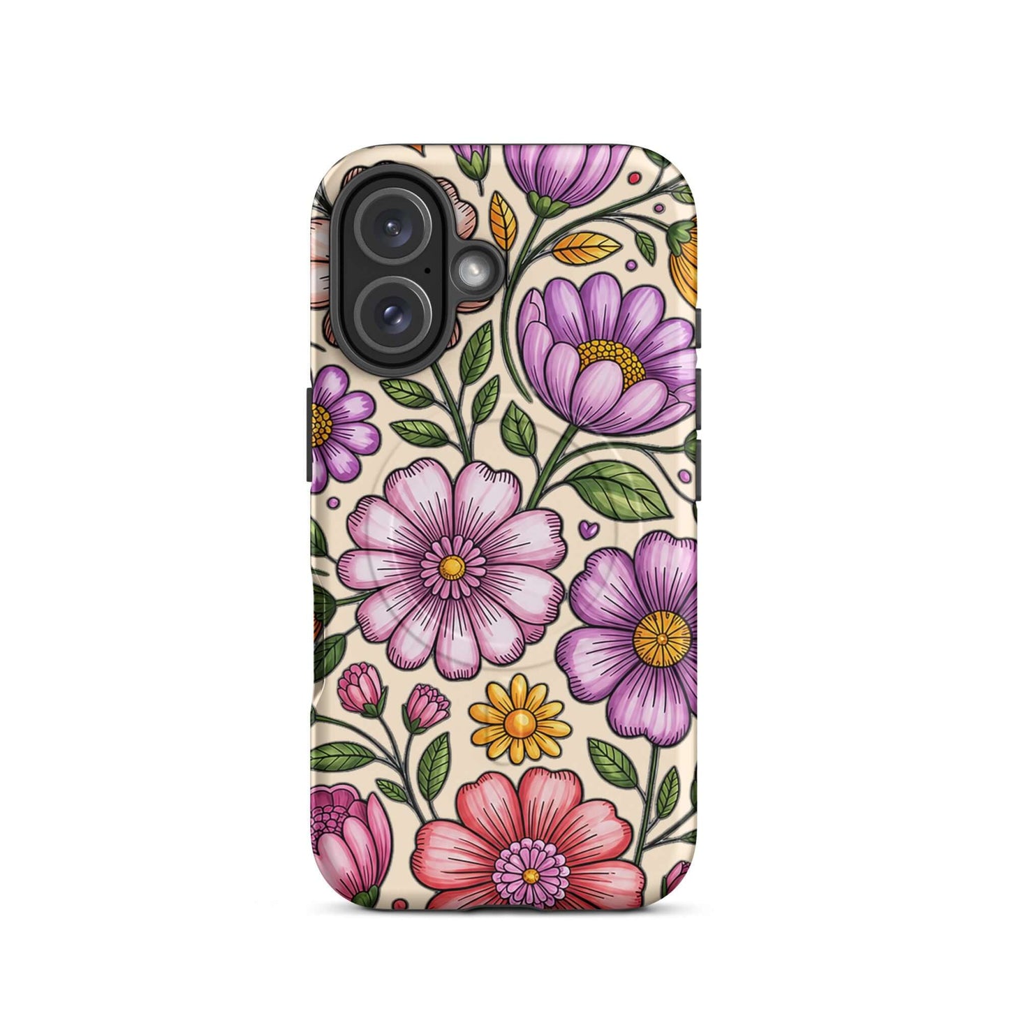 Magnetic Phone Case with pastel floral design in pink, peach, lavender, and yellow on a deep background, offering style and protection.