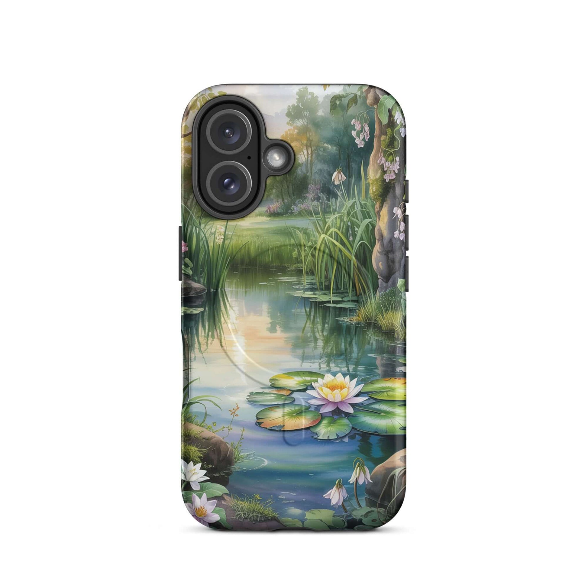 Magnetic Phone Case for iPhone with enchanted pond design, lily pads, and serene sunset reflections.