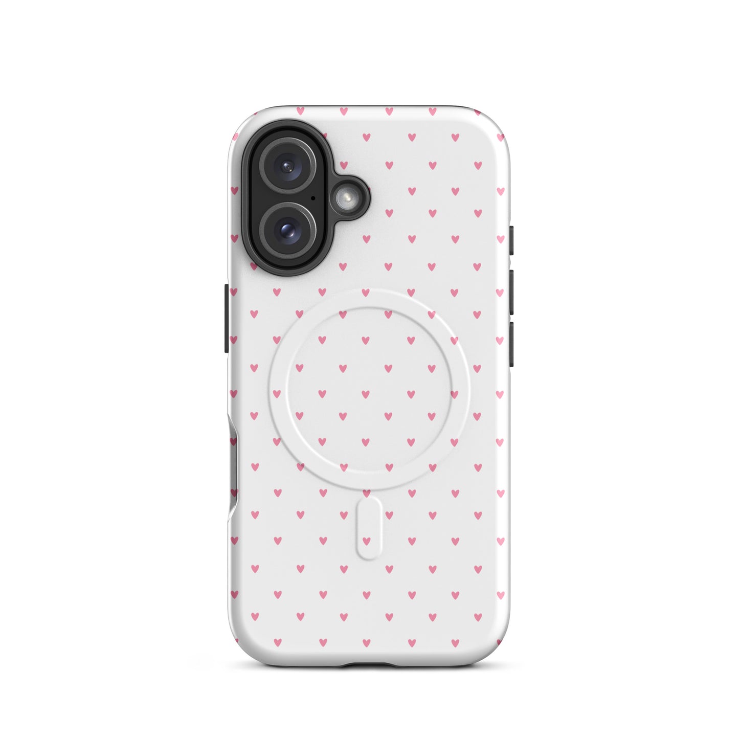 Magnetic Phone Case for iPhone with heart-dot pattern on white background, magnet visible.