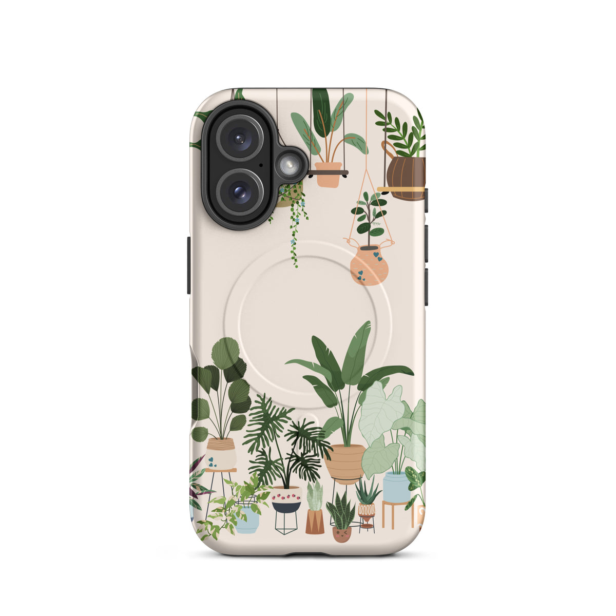 Magnetic Phone Case for iPhone with botanical design featuring hanging planters and lush potted plants, Botanical Bliss theme.