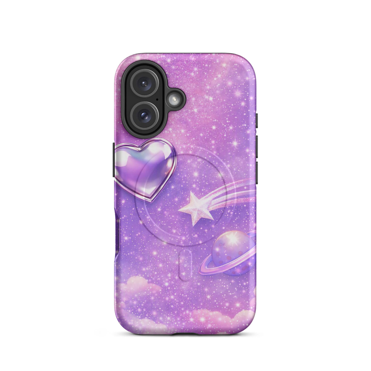 Magnetic Phone Case with cosmic heart, shooting star, and planet design on purple pastel background for iPhone.