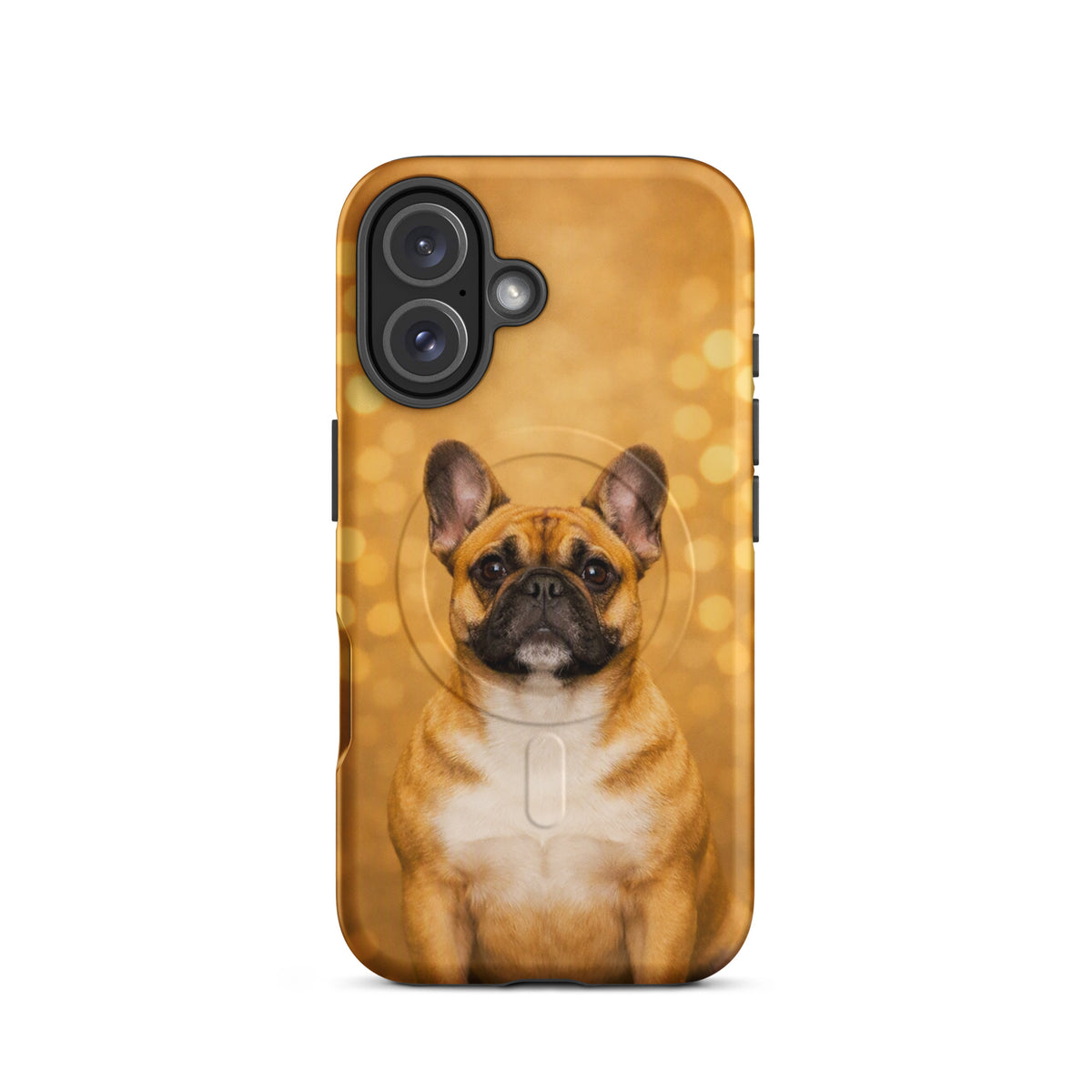 Magnetic Phone Case with French Bulldog portrait against golden bokeh background, perfect for iPhone and dog lovers alike.