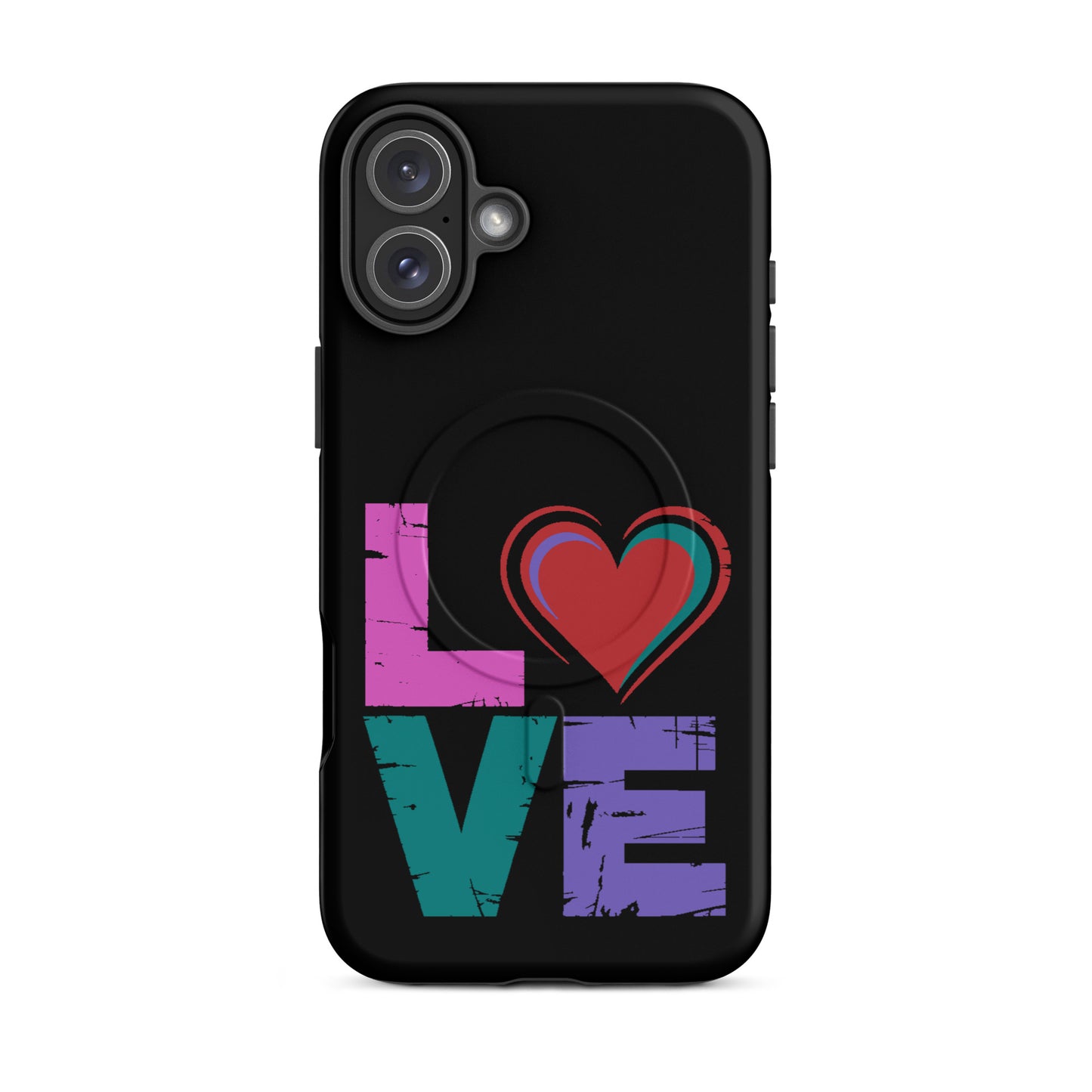 Love Magnetic Dual-Layer Tough Case for iPhone featuring colorful 'LOVE' design on a black background.