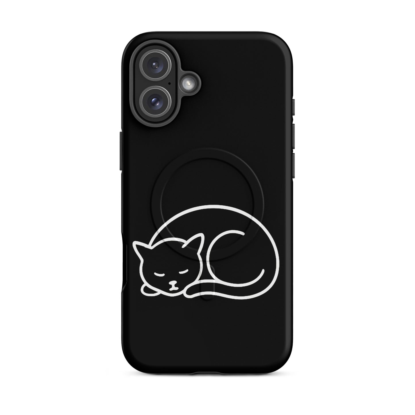 Magnetic Phone Case featuring a minimalist curled-up cat design on a black background.