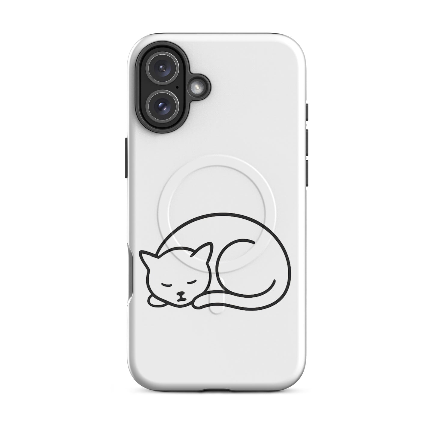 Magnetic Phone Case featuring a minimalist curled-up cat design on a white background.