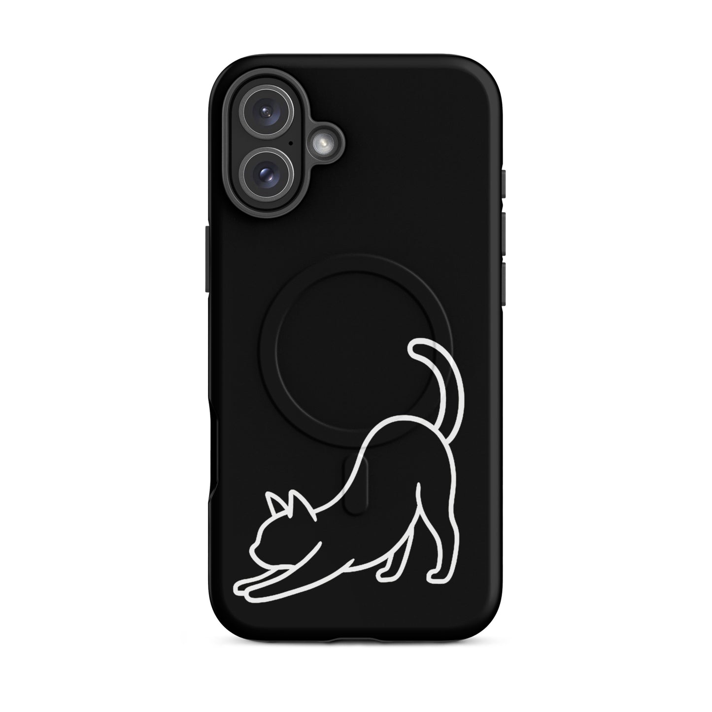 Magnetic Phone Case featuring a minimalist stretching cat design, sleek black aesthetics for iPhone protection.
