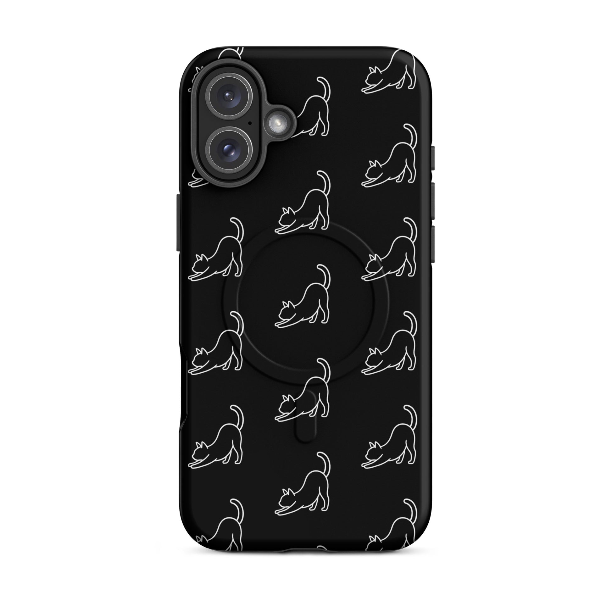 Magnetic Phone Case featuring a minimalist stretching cat pattern on a sleek black background.