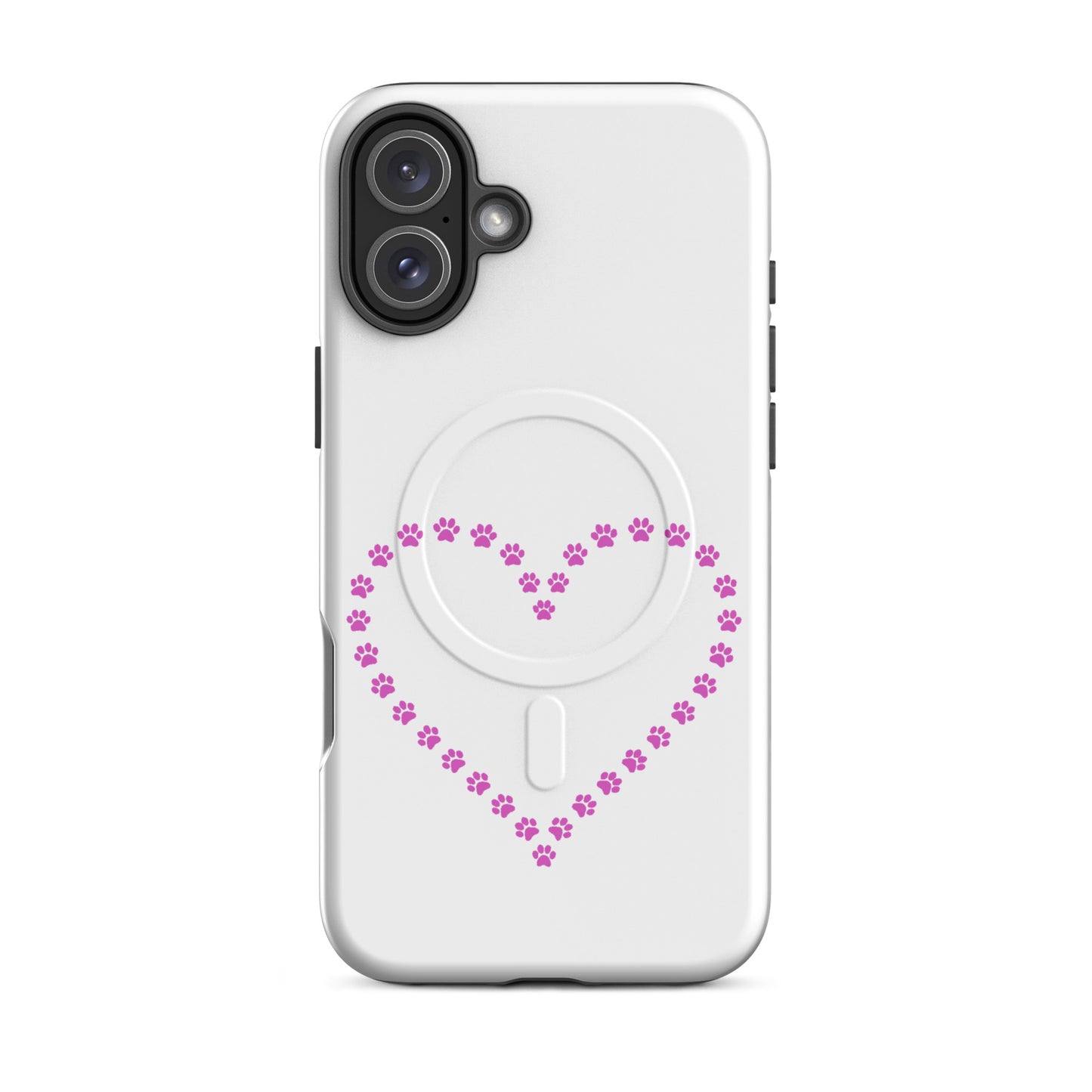 Magnetic Phone Case featuring a heart made of pink paw prints for pet lovers.