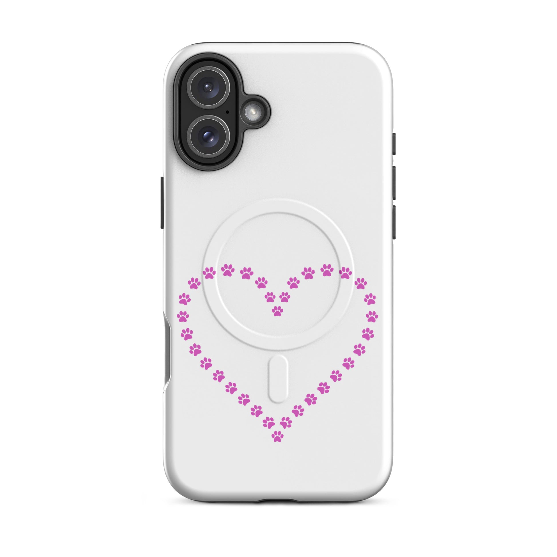 Magnetic Phone Case featuring a heart made of pink paw prints for pet lovers.