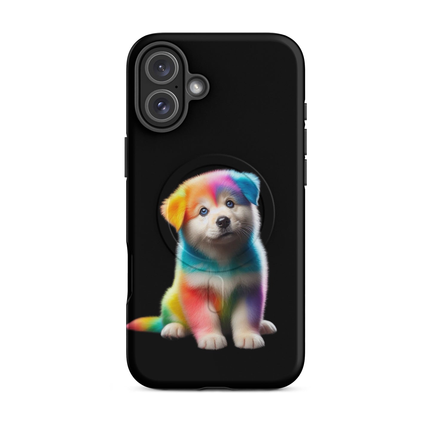 Magnetic Phone Case featuring a vibrant rainbow puppy design against a dark background.