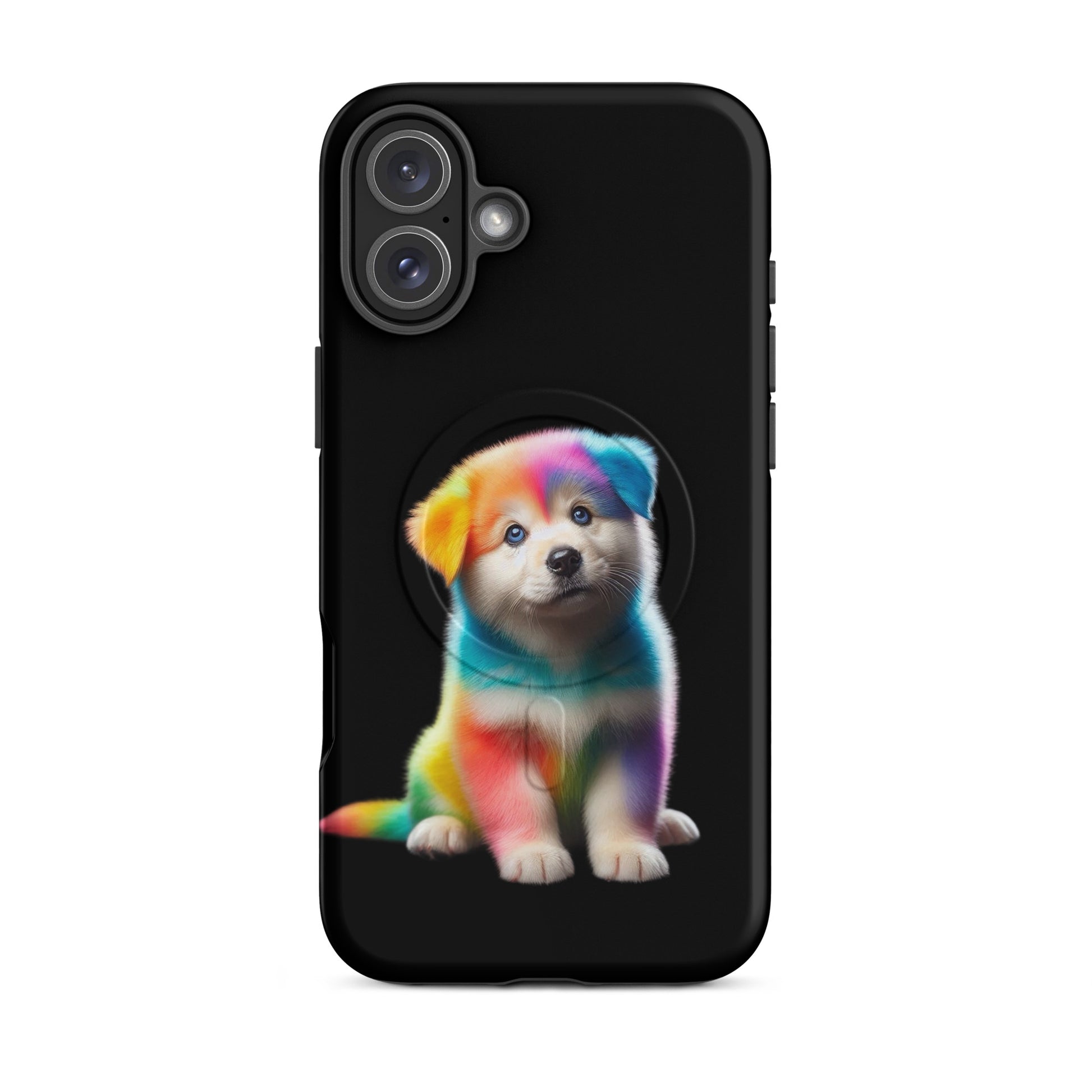 Magnetic Phone Case featuring a vibrant rainbow puppy design against a dark background.