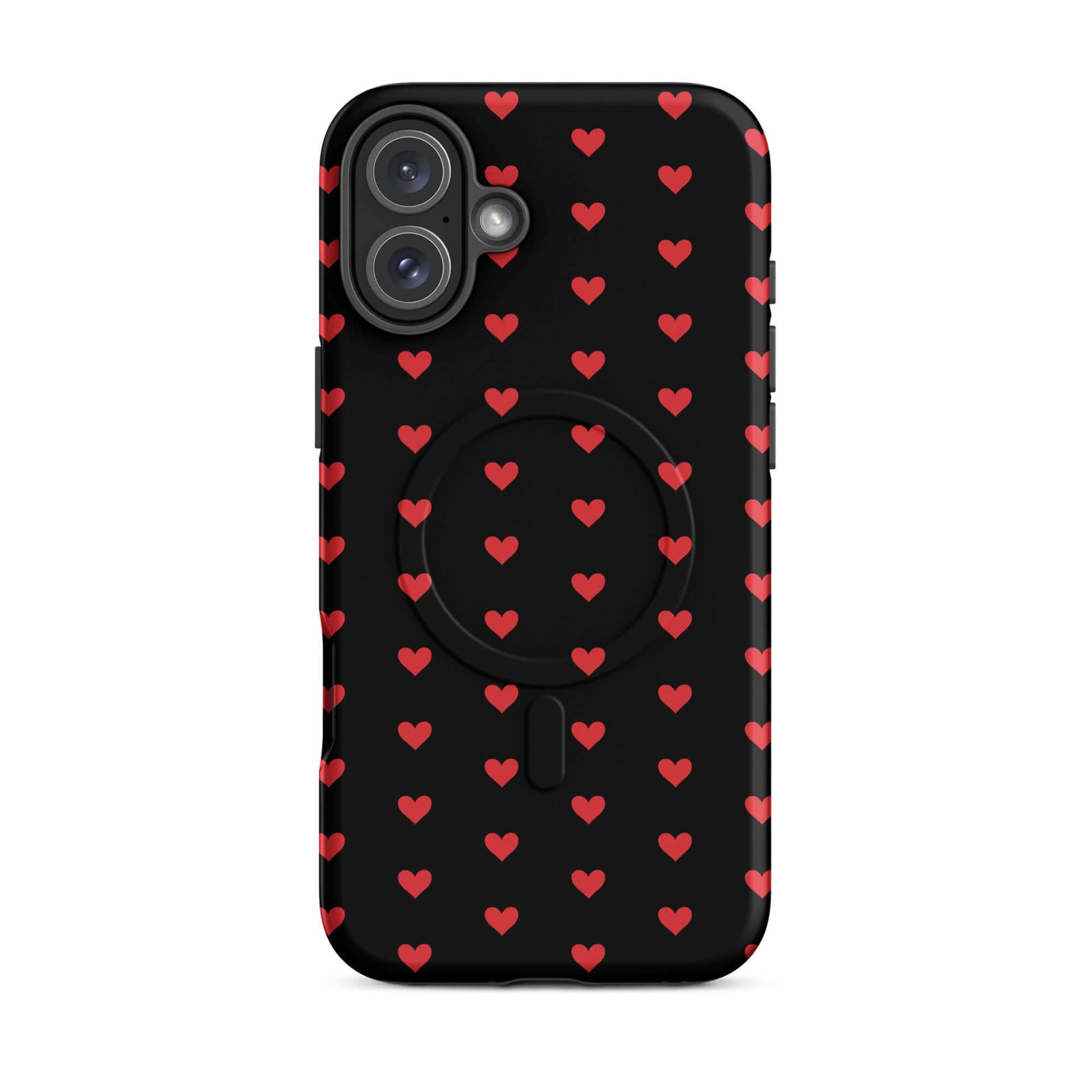 Magnetic Phone Case for iPhone with fiery red hearts pattern on a black background, combining style and protection.