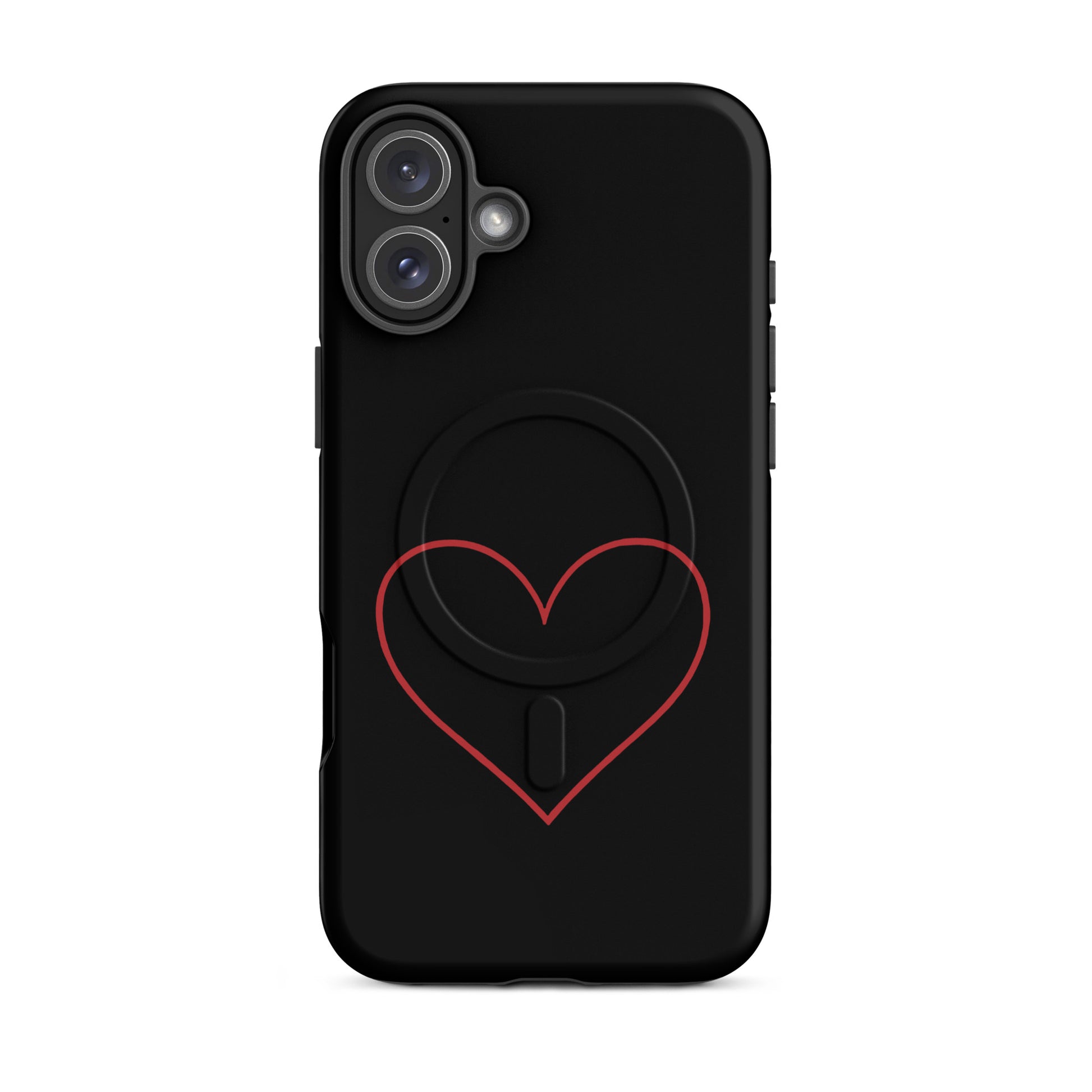 Magnetic Phone Case for iPhone featuring a minimalist crimson heart design on a sleek black background.
