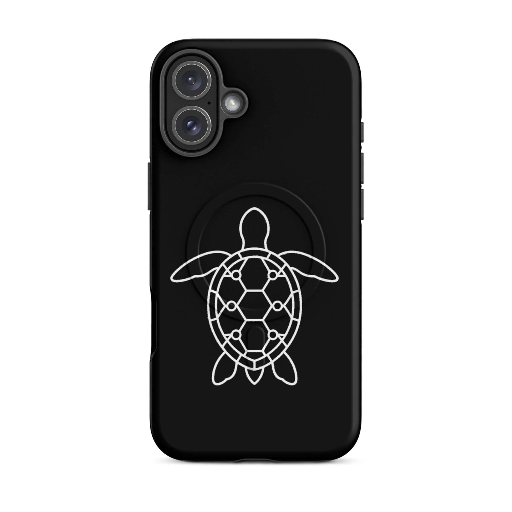 Magnetic Phone Case featuring a minimalist sea turtle silhouette with a geometric design on a black background.