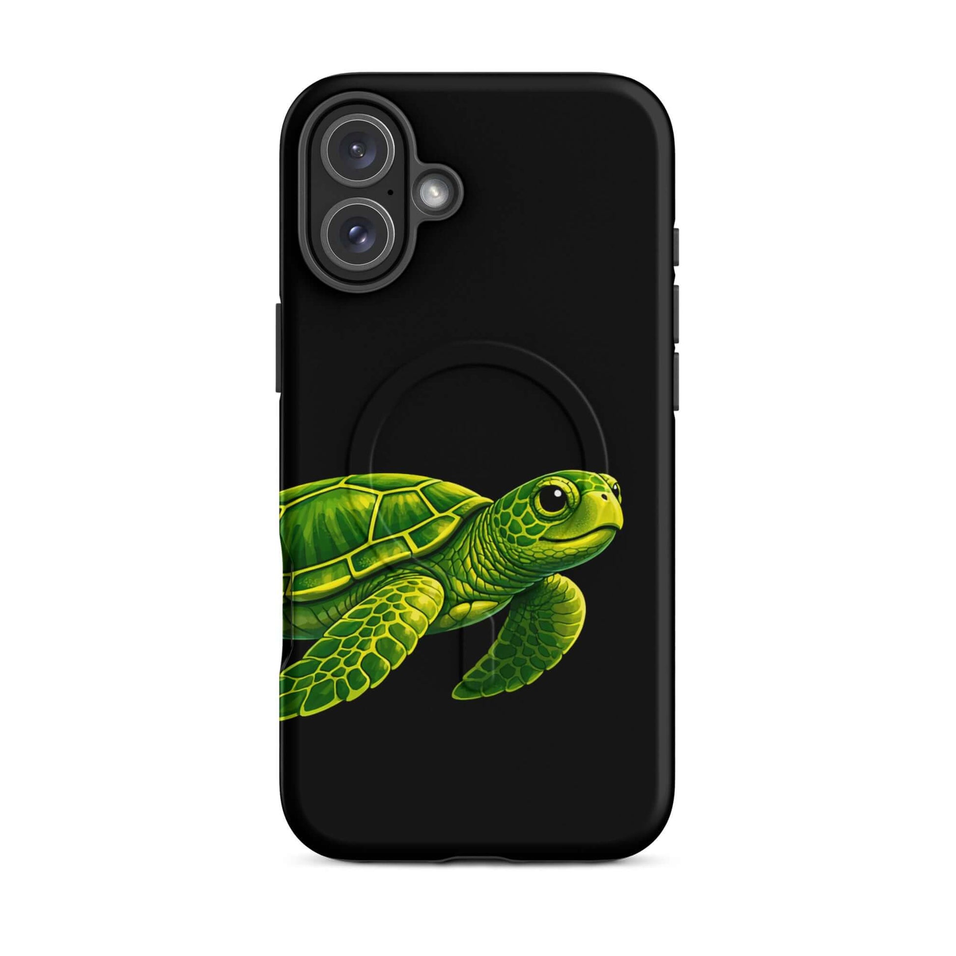 Magnetic Phone Case featuring a vibrant sea turtle design on a black background for style and protection.