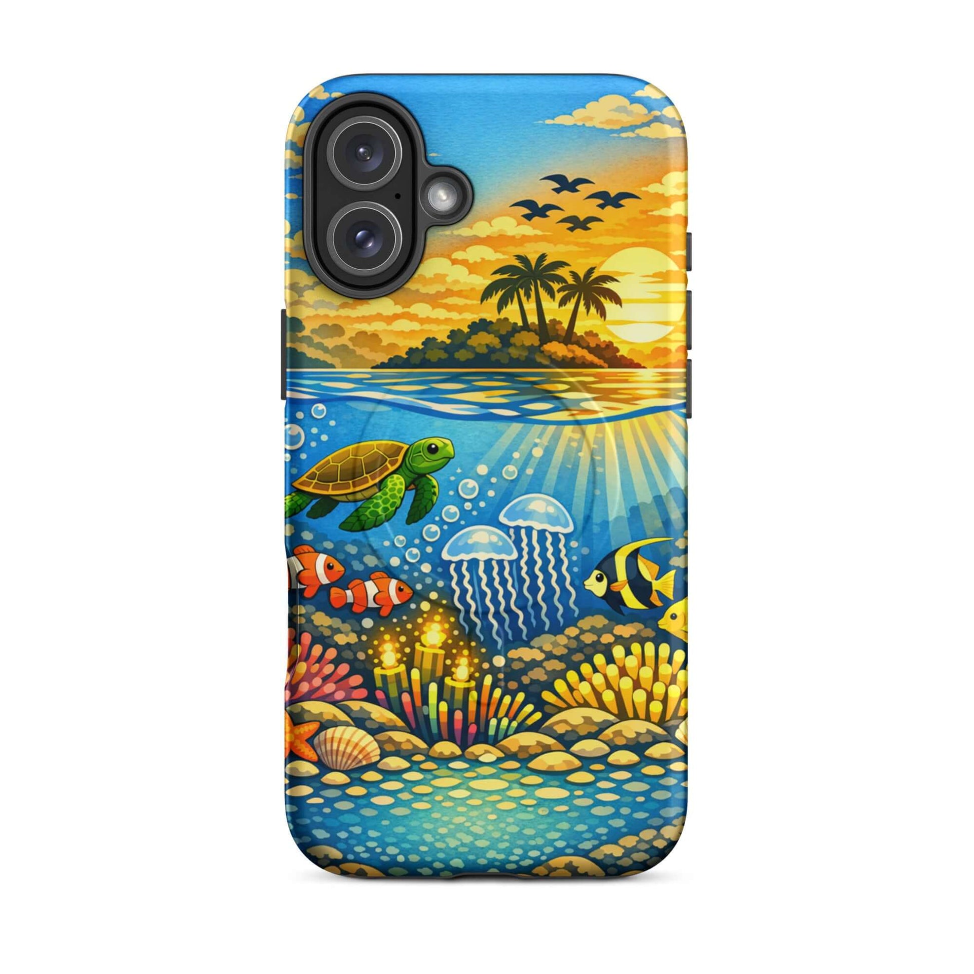 Magnetic Phone Case featuring tropical sunset and colorful underwater reef with sea turtles and coral.