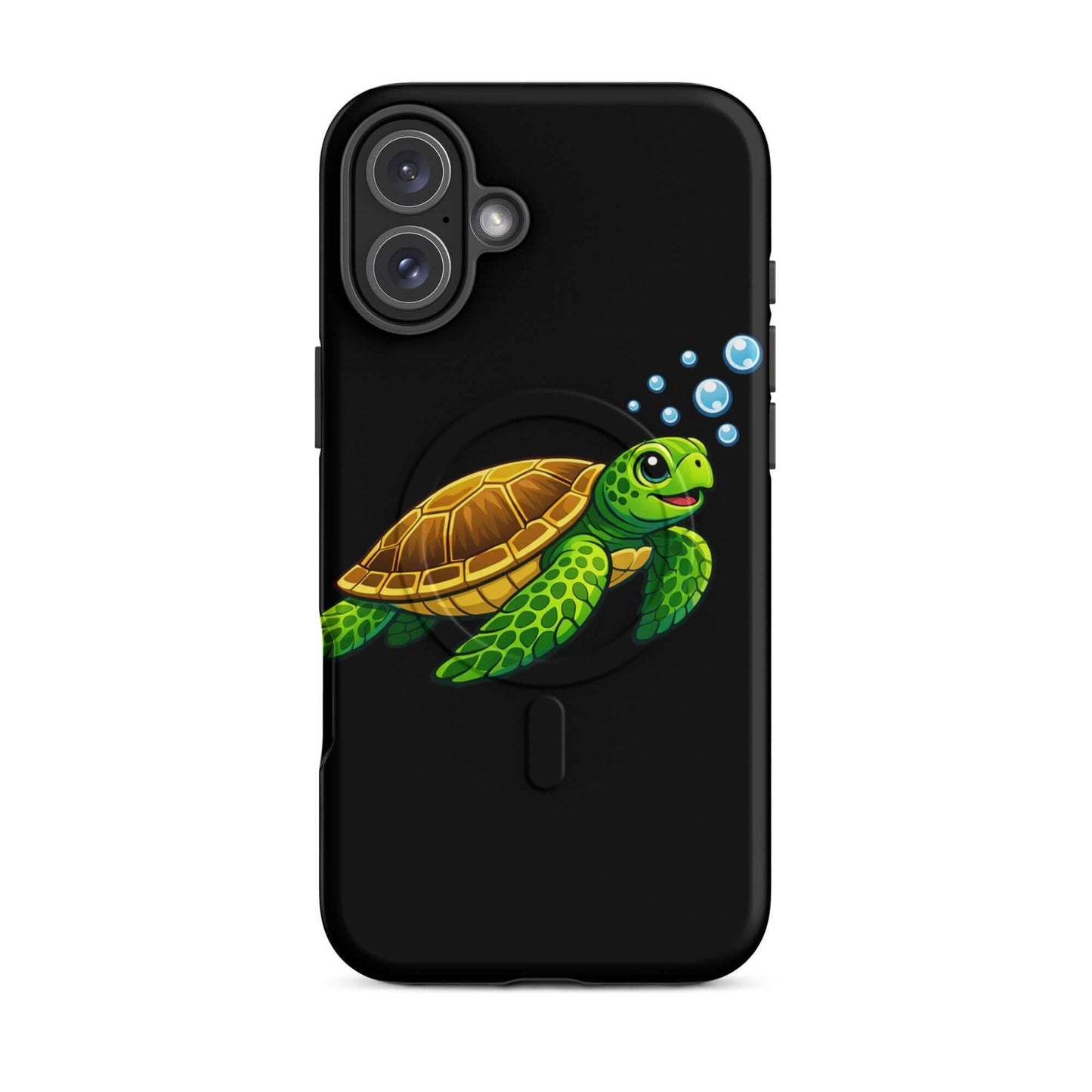 Magnetic Phone Case featuring playful sea turtle artwork and bubbles in vibrant colors.