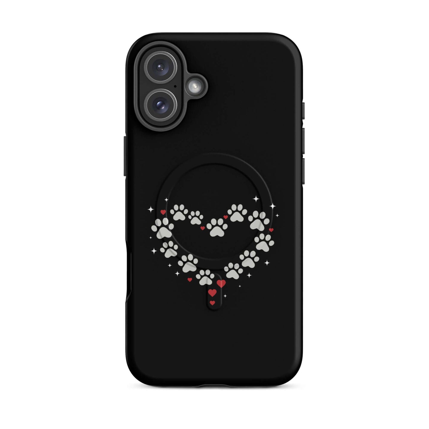 Magnetic Phone Case featuring a paw-print heart design against a sleek black backdrop.