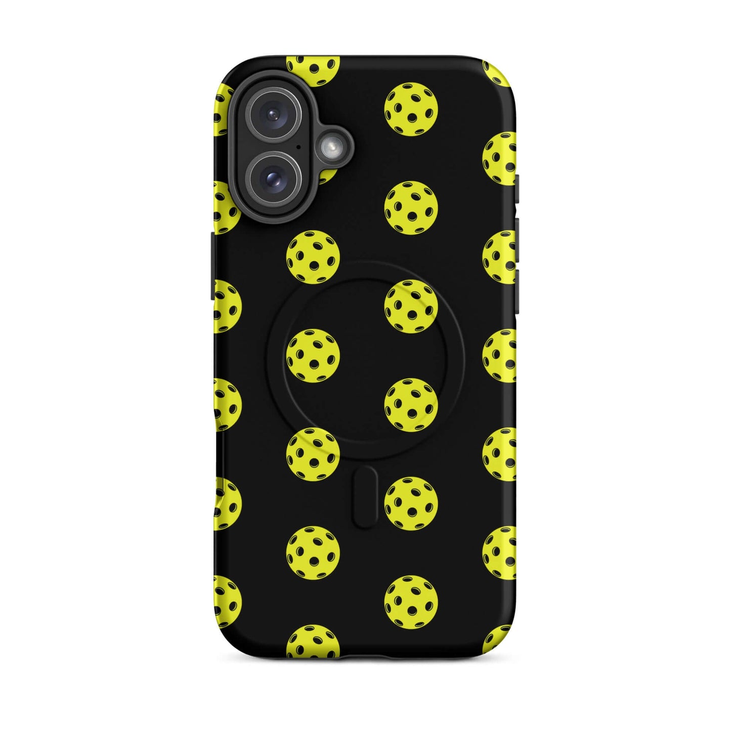 Magnetic Phone Case featuring a playful pickleball pattern on a black background, ideal for sports enthusiasts.