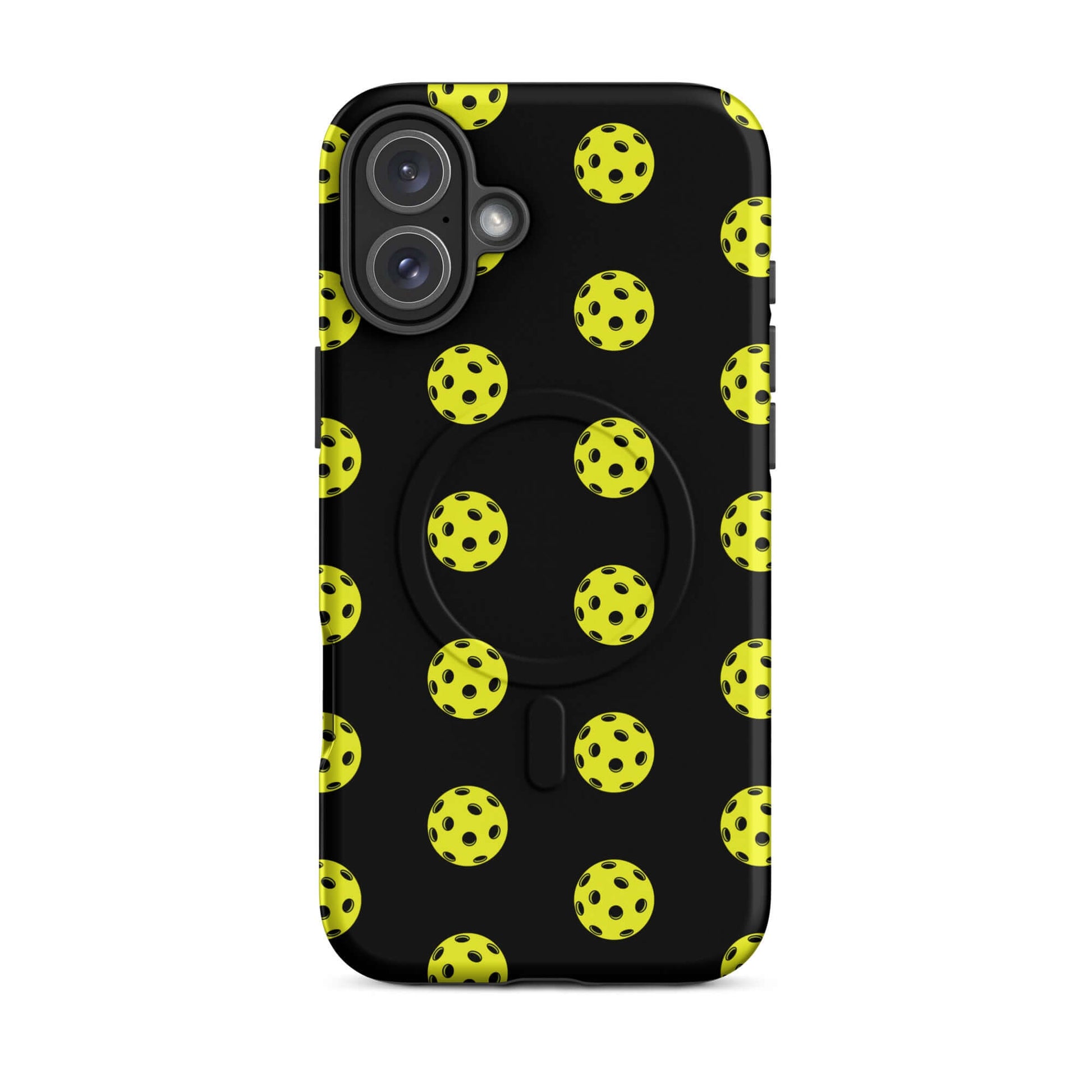 Magnetic Phone Case featuring a playful pickleball pattern on a black background, ideal for sports enthusiasts.