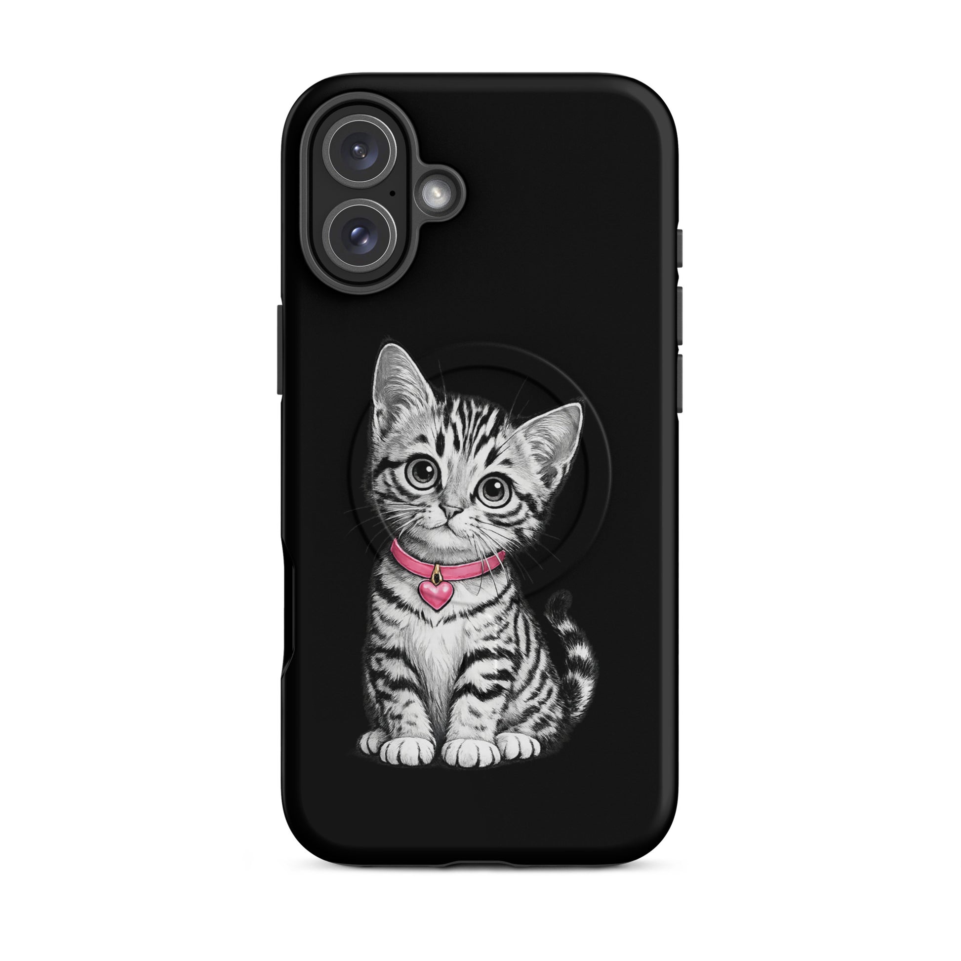 Magnetic Phone Case featuring pencil-sketch kitten with pink collar and heart charm on black background for iPhone.