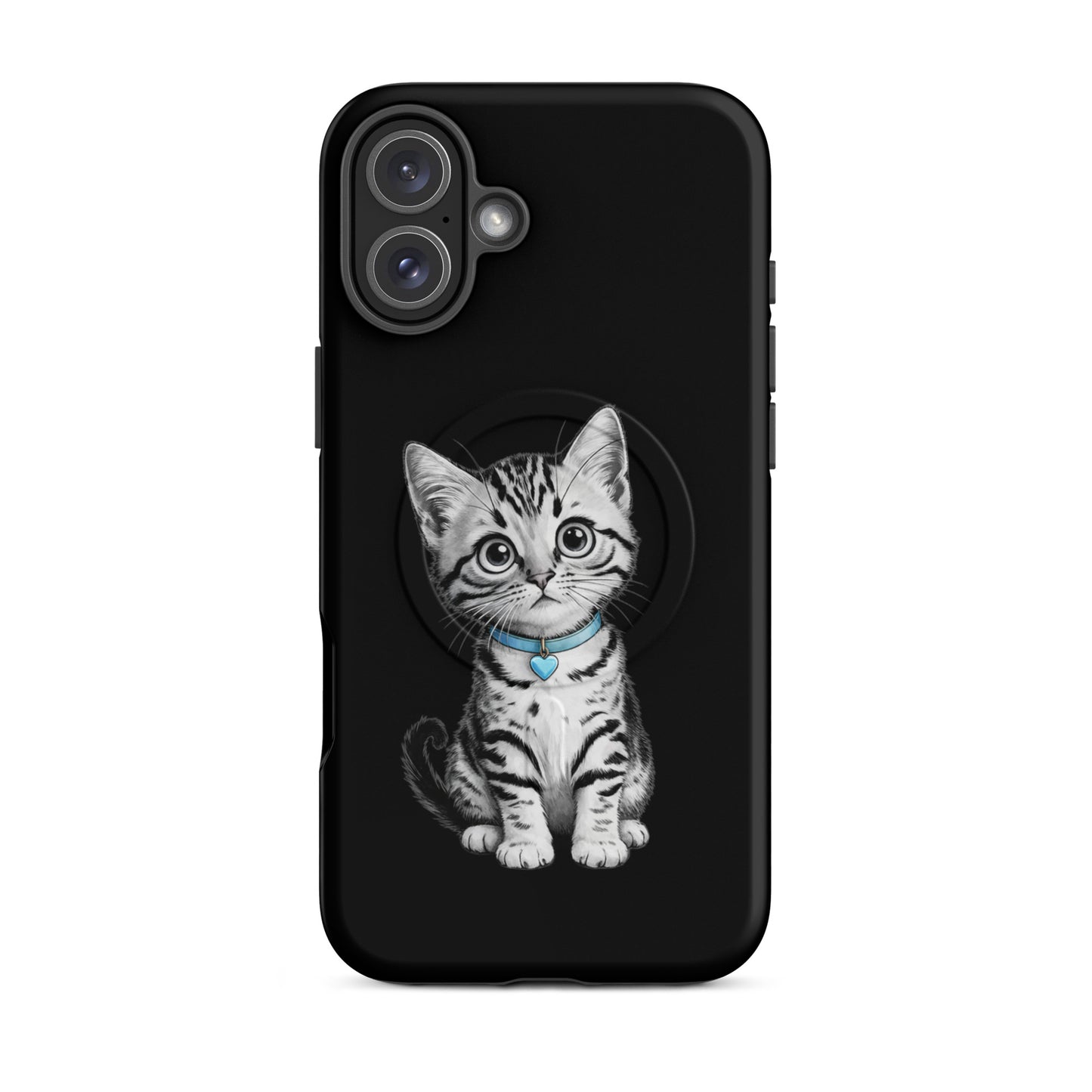 Magnetic Phone Case featuring sketch of kitten with blue collar and heart charm, elegant black-and-white design for iPhone.