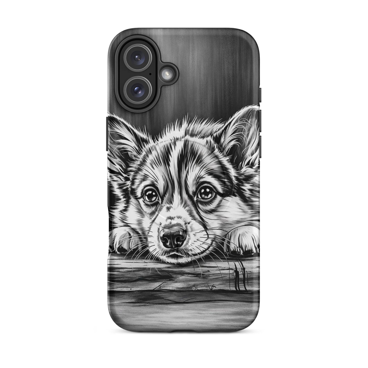 Magnetic Phone Case with elegant puppy art, black and white illustration on iPhone case, premium protection with artistic charm