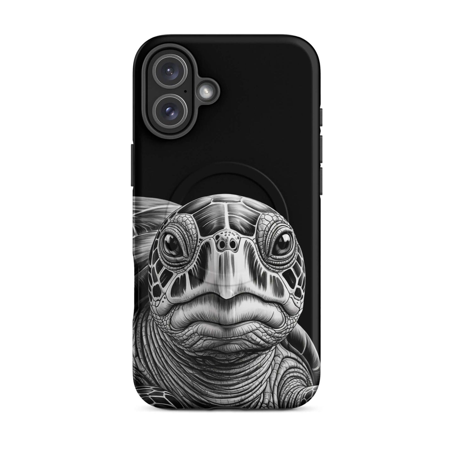 Magnetic Phone Case for iPhone with Ancient Sea Turtle Art in black-and-white, showcasing intricate shell design and turtle's soulful gaze.