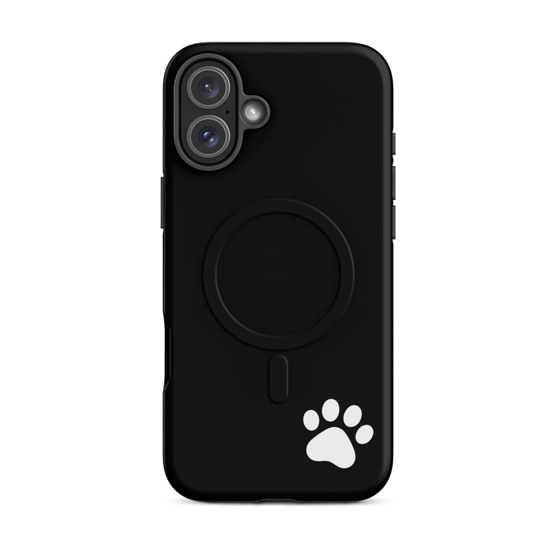 Black Magnetic Phone case for iPhone with white paw print design, minimalist tough case for chic and stylish protection.