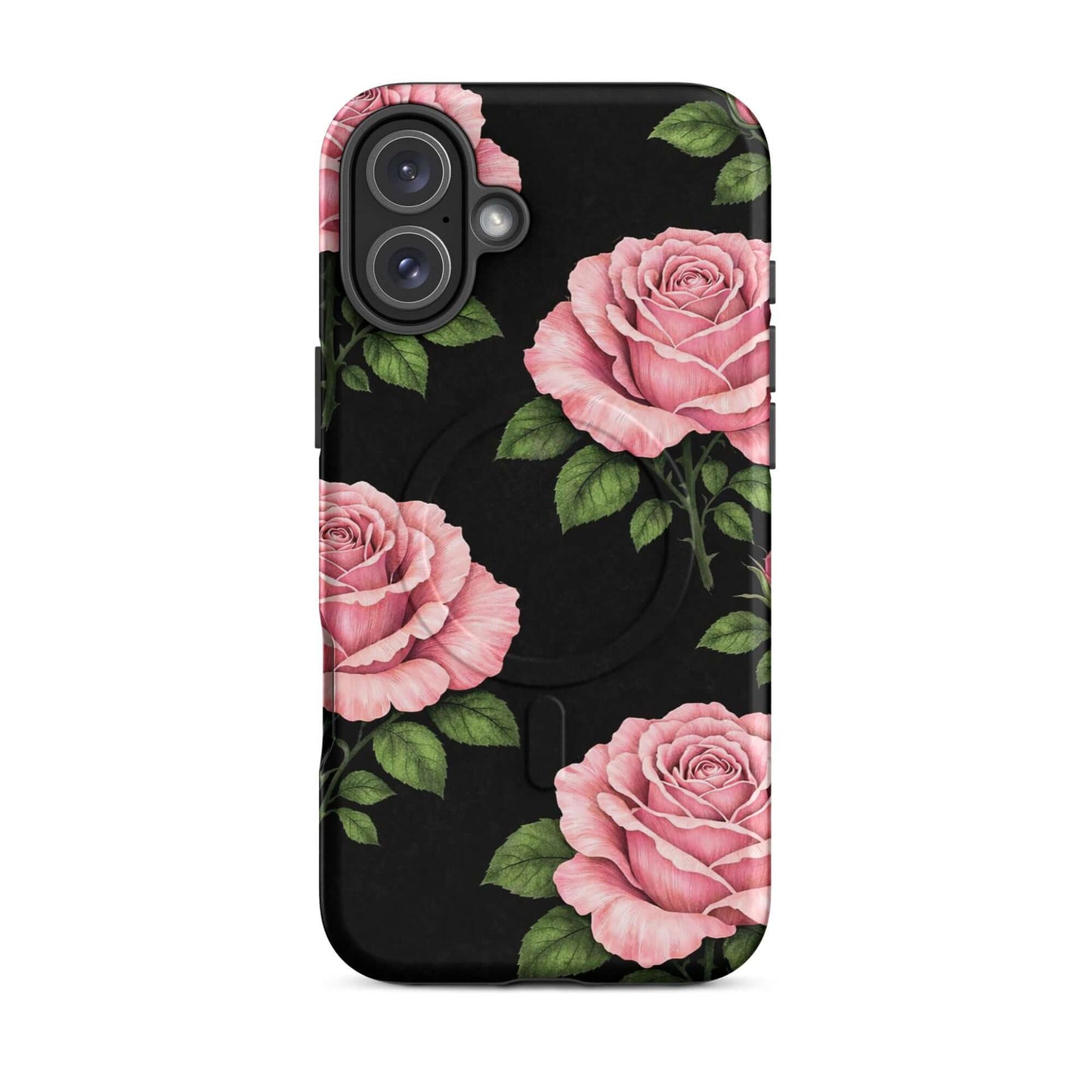 Magnetic Phone Case with pink rose garden design for iPhone on black background