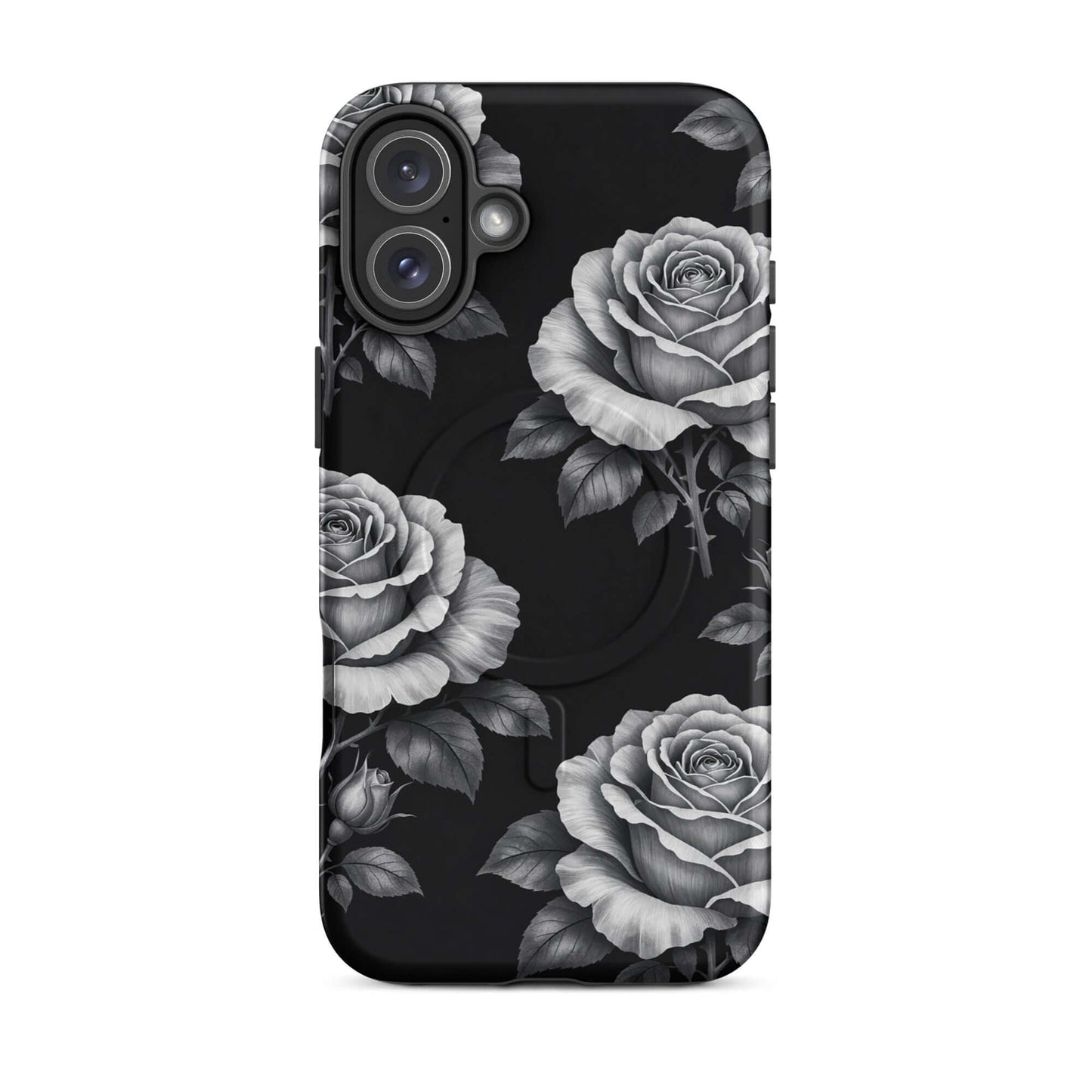 Magnetic Phone Case for iPhone with rose garden design on black background, featuring hand-sketched roses and lush leaves.