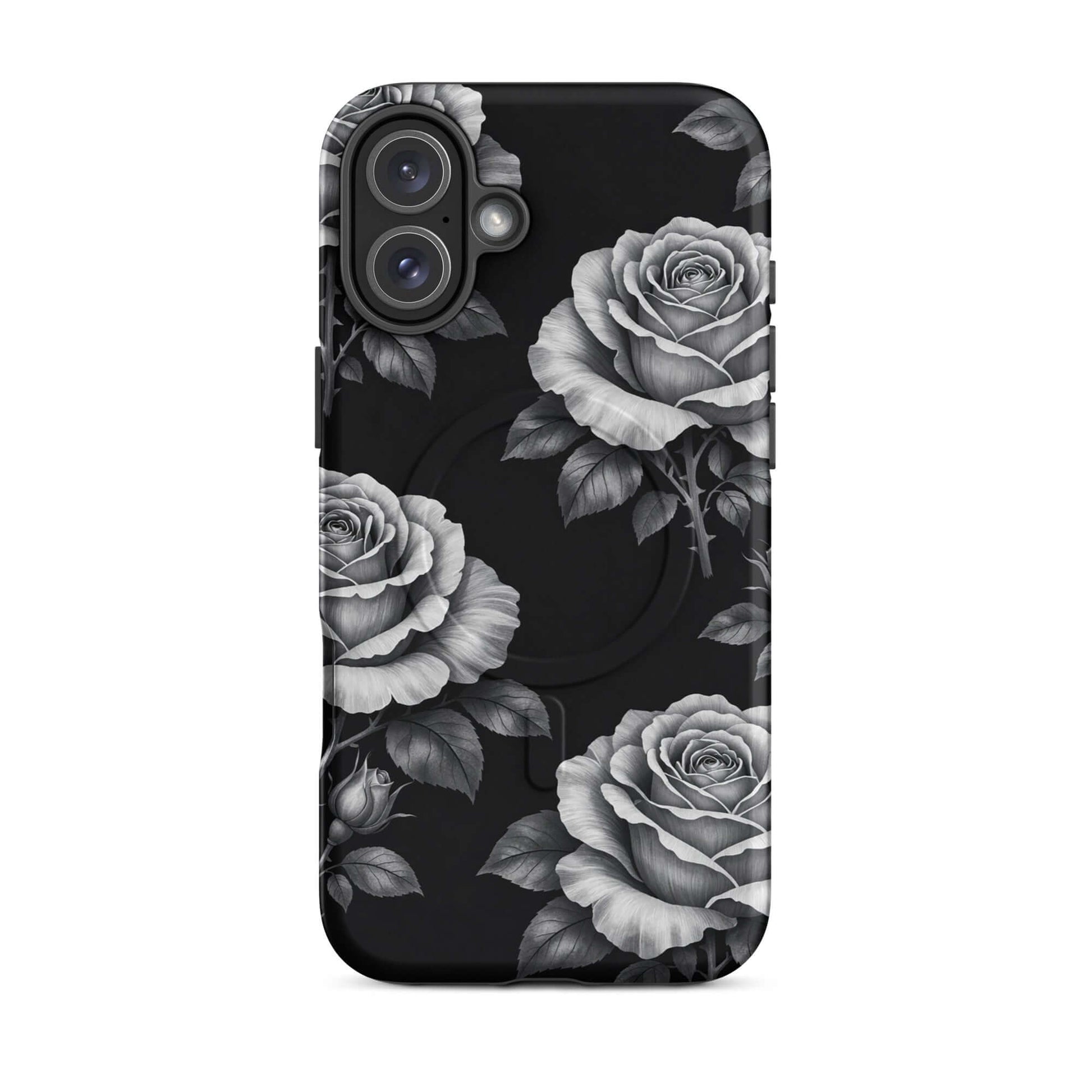 Magnetic Phone Case for iPhone with rose garden design on black background, featuring hand-sketched roses and lush leaves.