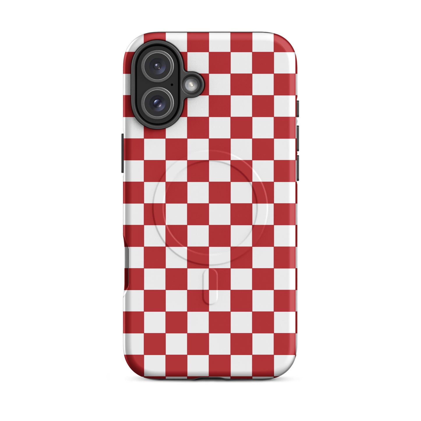 Magnetic Phone Case for iPhone with Crimson Red Checkered Design, featuring a stylish and playful pattern, enhancing mobile fashion.