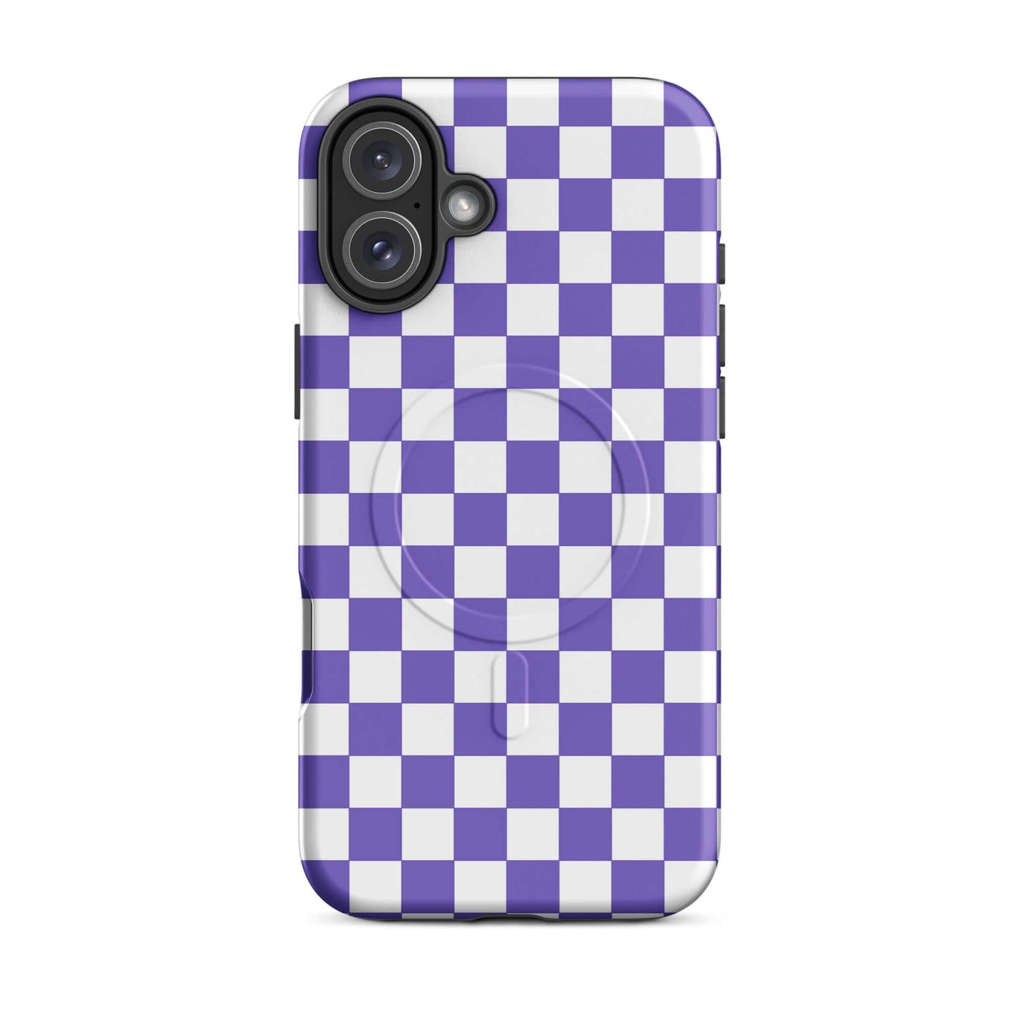 Purple and white checkered Magnetic Phone Case for iPhone, bold style enhancing device protection and personality.