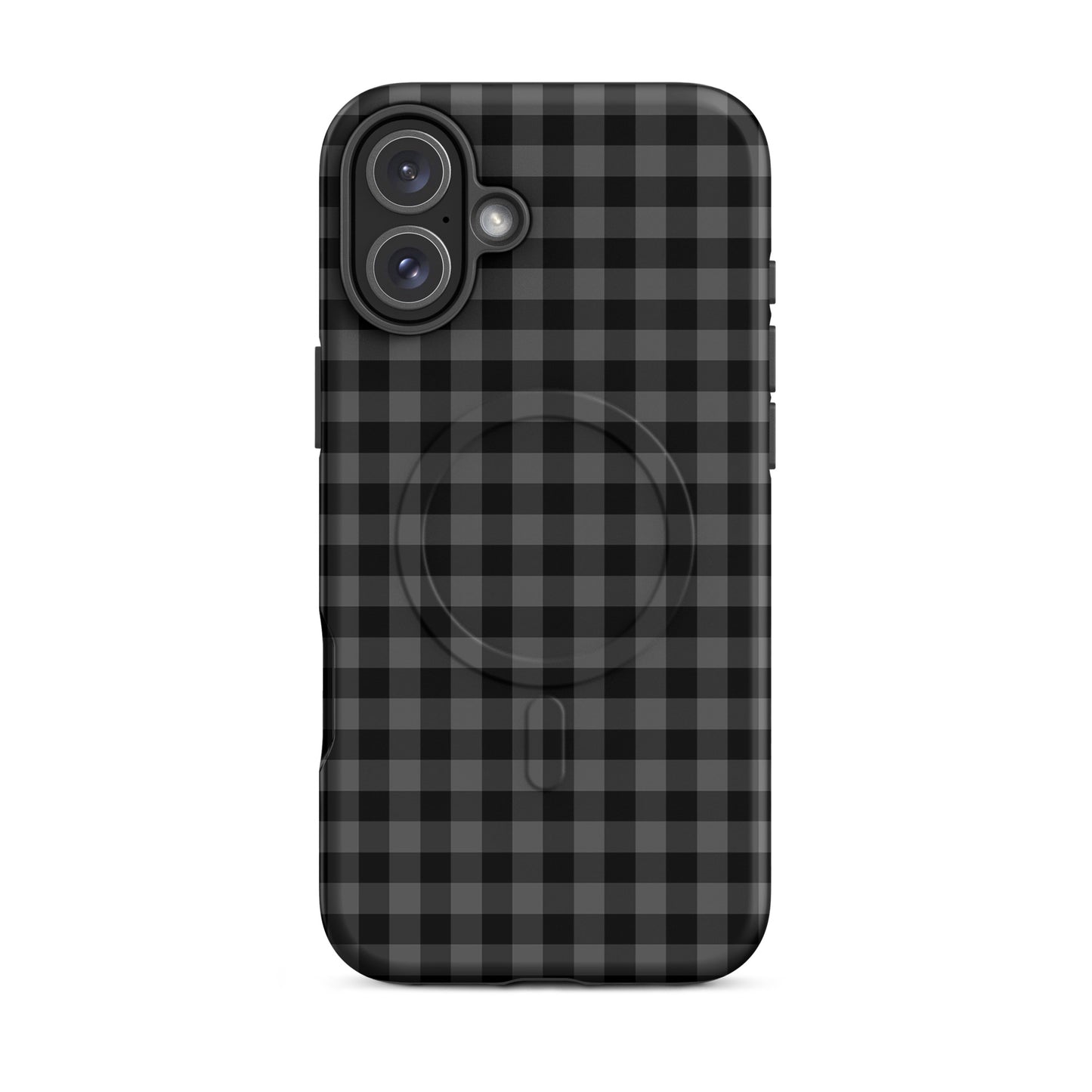 Magnetic Phone Case for iPhone in black‑and‑charcoal gingham pattern, offering style and protection.