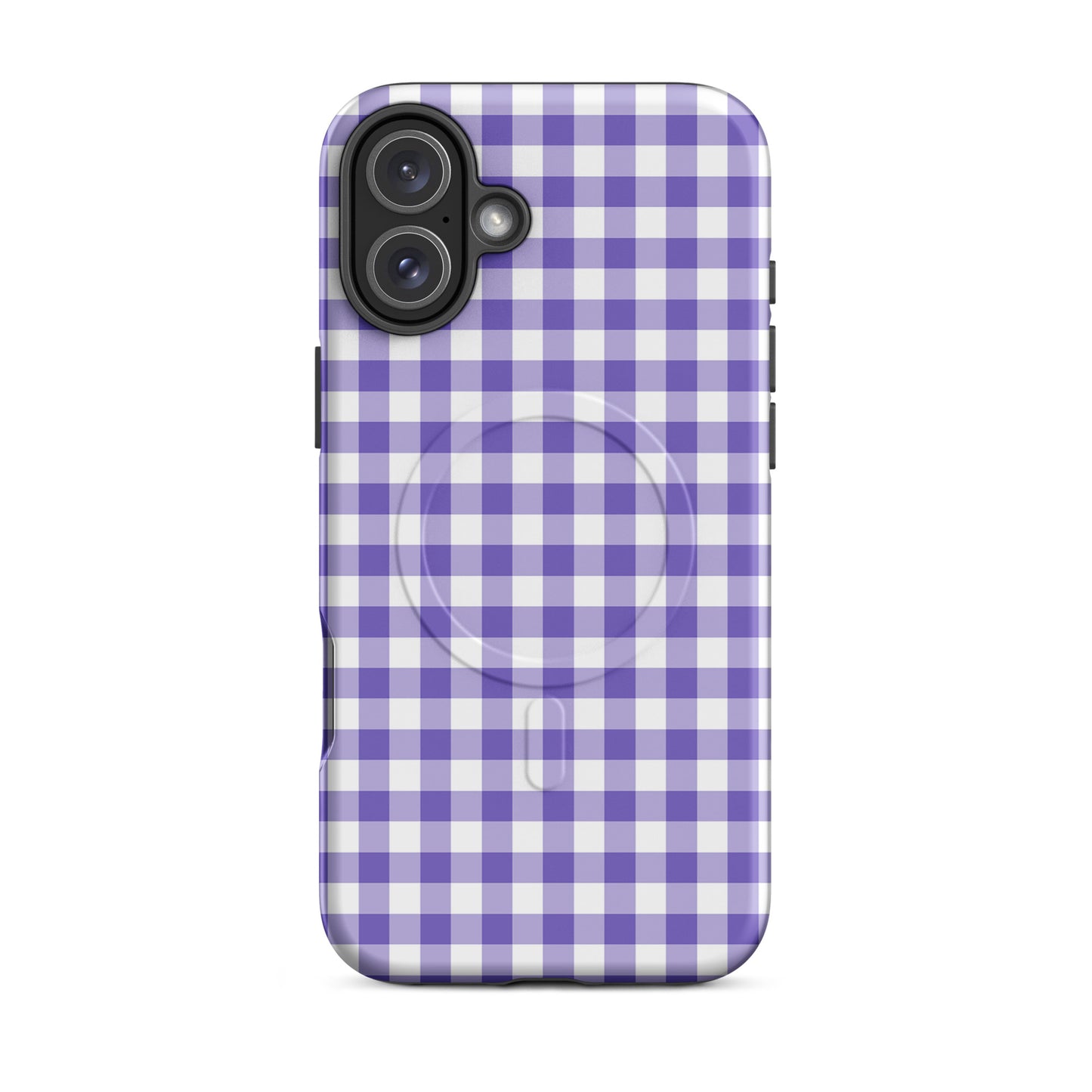 Magnetic Phone Case with purple gingham pattern for iPhone showcasing style and durability.
