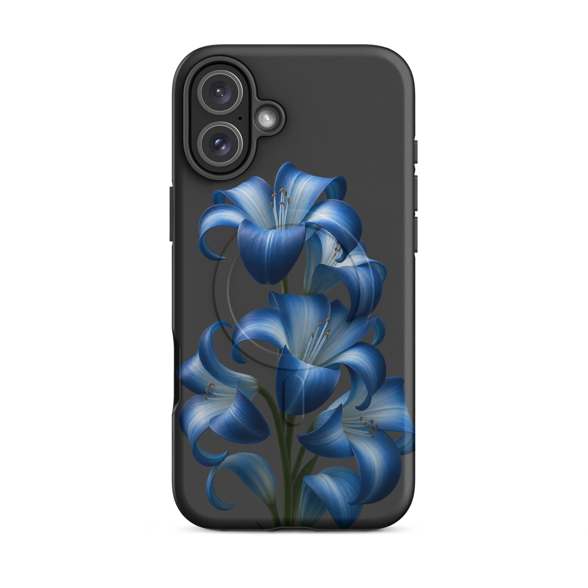 Magnetic Phone Case for iPhone with Blue Lily Bloom Art on sleek dark background