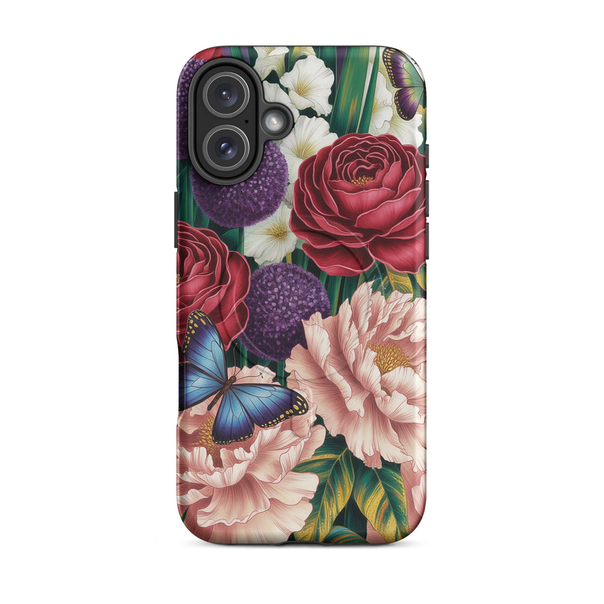 Magnetic Phone Case for iPhone with vivid botanical garden design featuring roses, peonies, alliums, and butterflies.