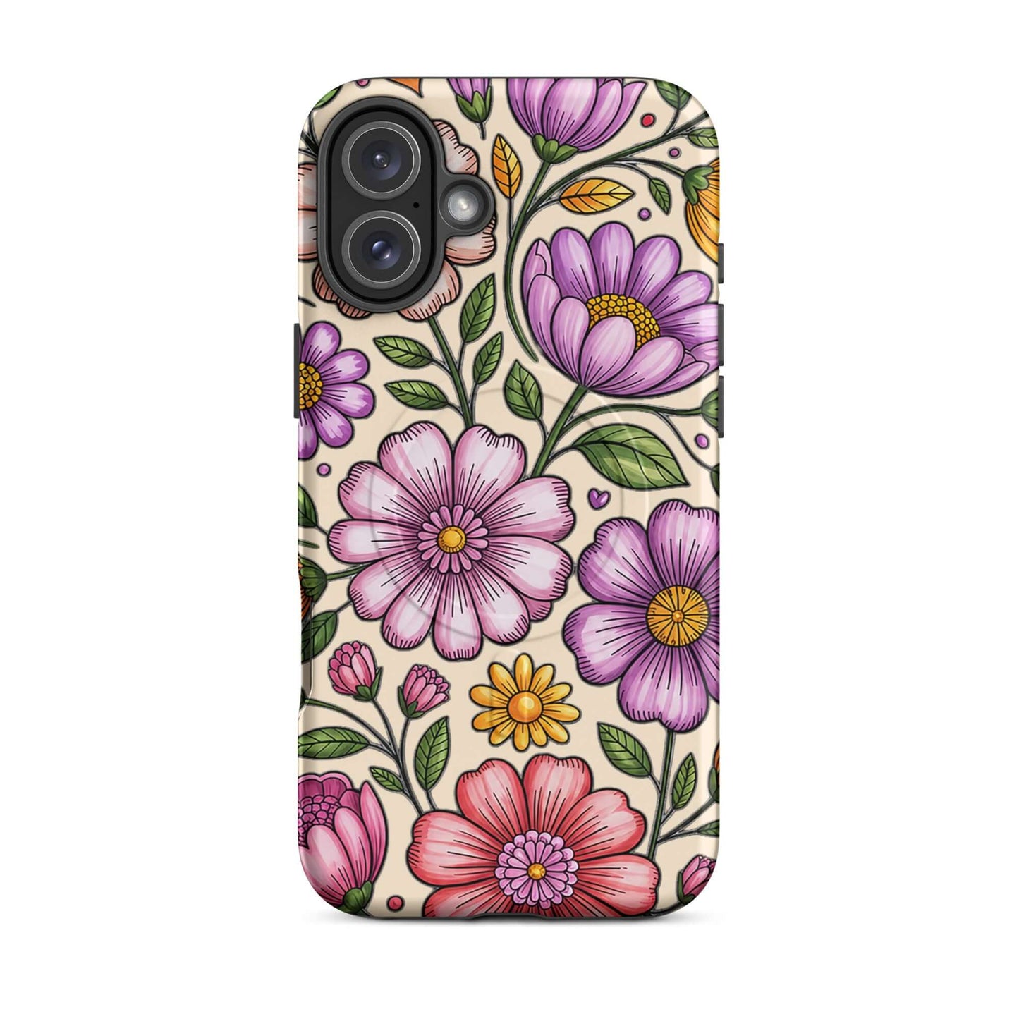 Magnetic Phone Case with pastel floral design, featuring soft pink, peach, lavender, and yellow flowers on a durable, elegant background.