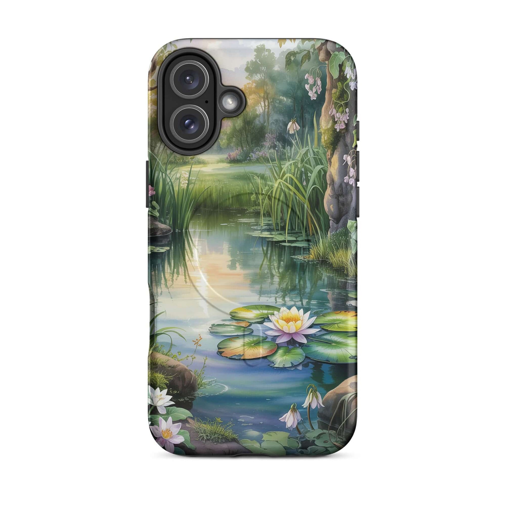 Magnetic Phone Case for iPhone with enchanted pond design featuring water lilies and lush greenery at sunset.