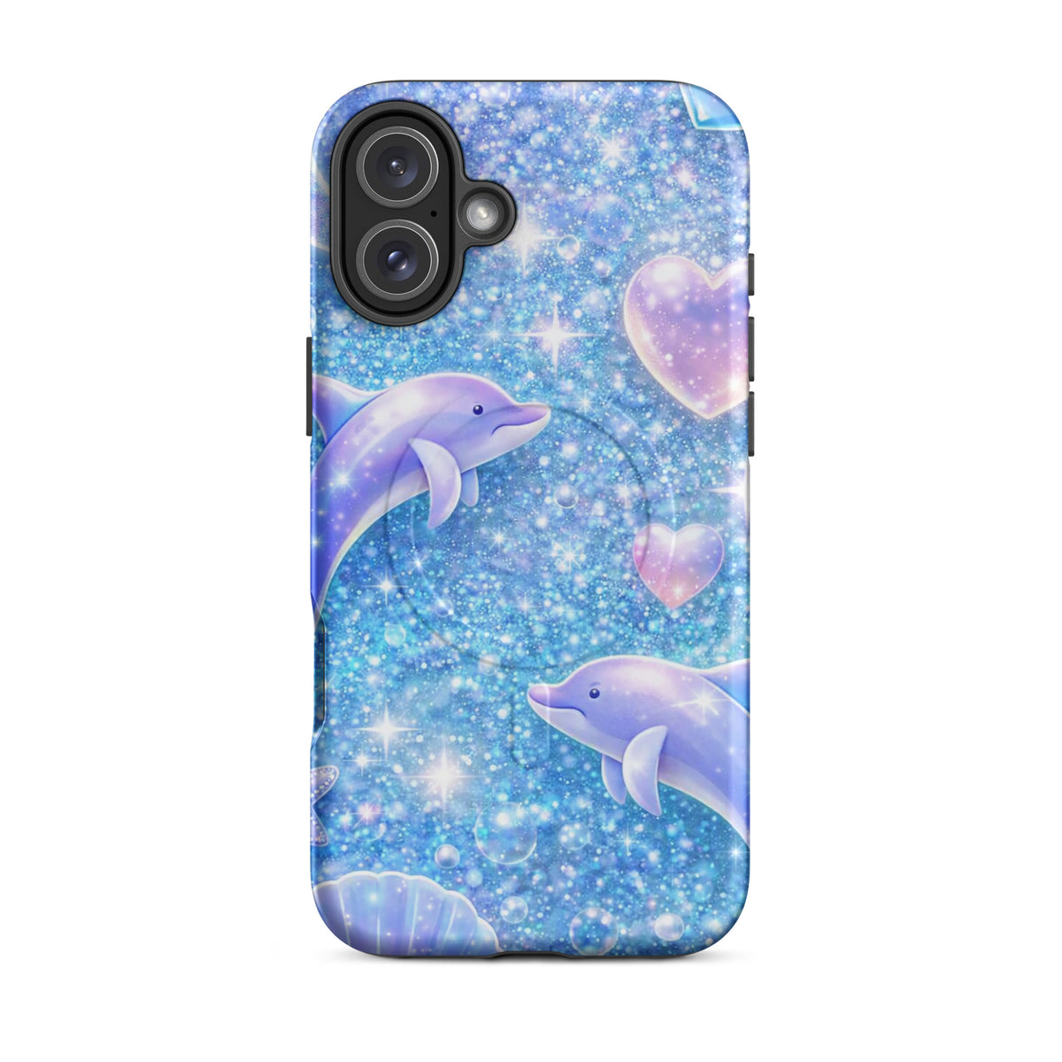 Magnetic Phone Case featuring Ocean Glitter Dolphins with pastel moons and tiny shells on a celestial sparkling background.