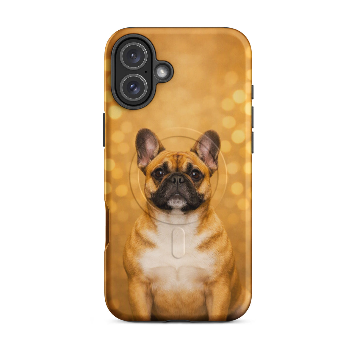 Magnetic Phone Case featuring French Bulldog with golden bokeh background, designed for iPhone with charm and character.