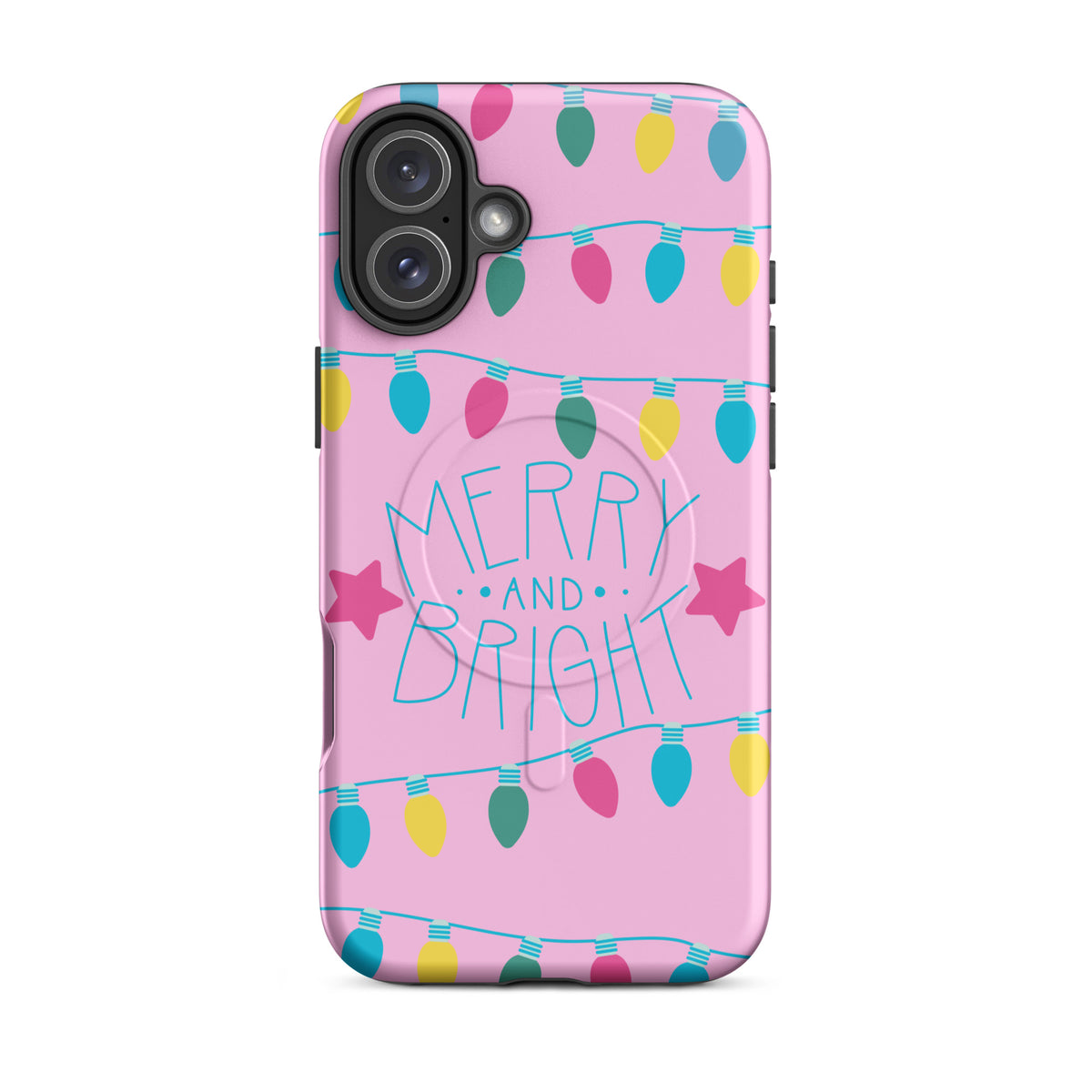 Magnetic Phone Case for iPhone with Merry and Bright holiday lights on pink background featuring colorful bulbs and playful stars.